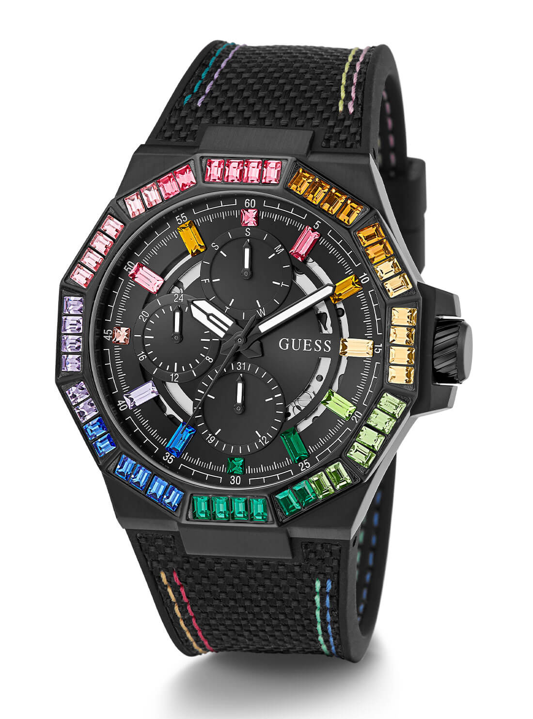Black Energy Multi Crystal Silicone Watch | GUESS Women's Watches | full view