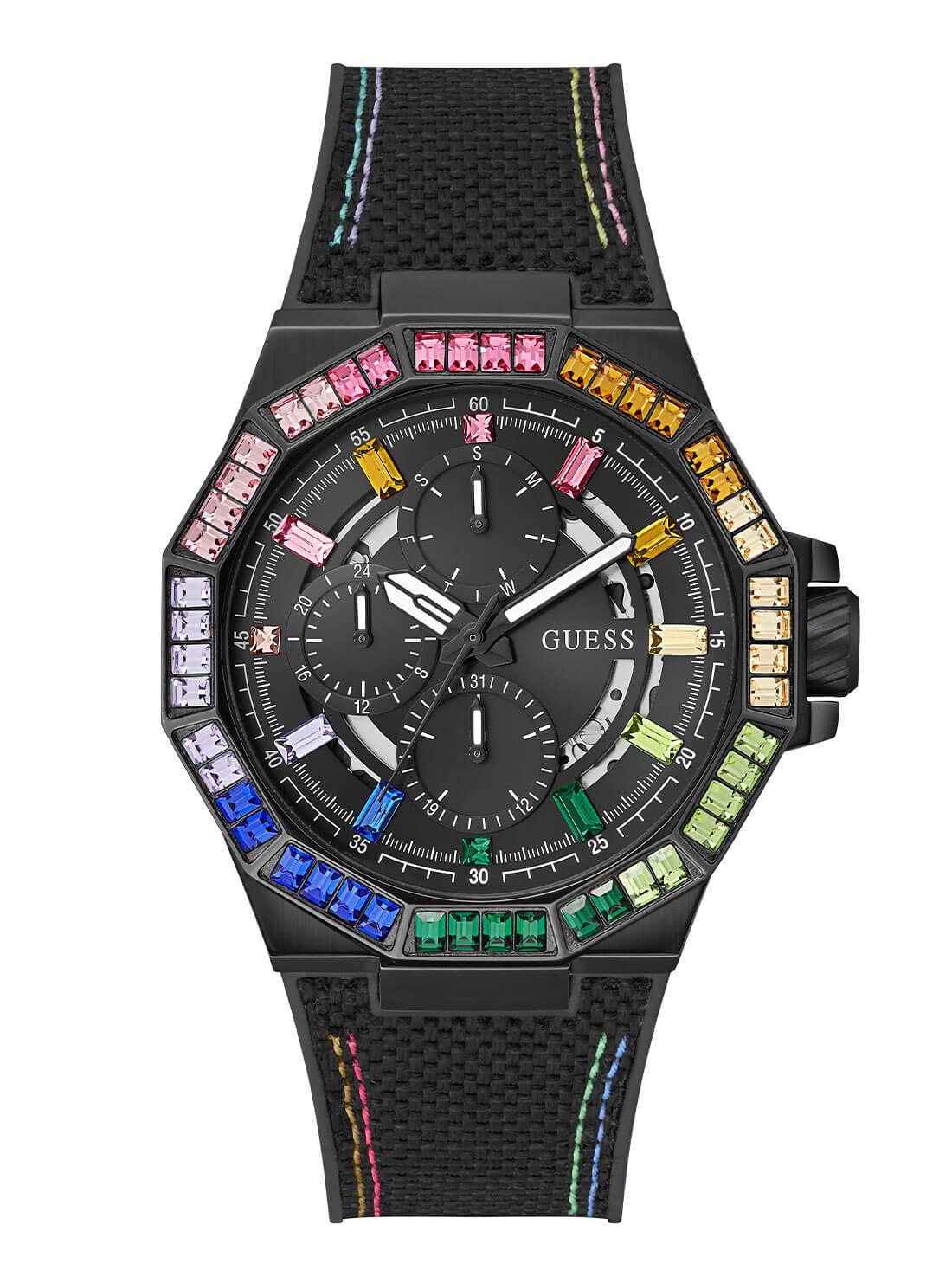 Black Energy Multi Crystal Silicone Watch | GUESS Women's Watches | front view