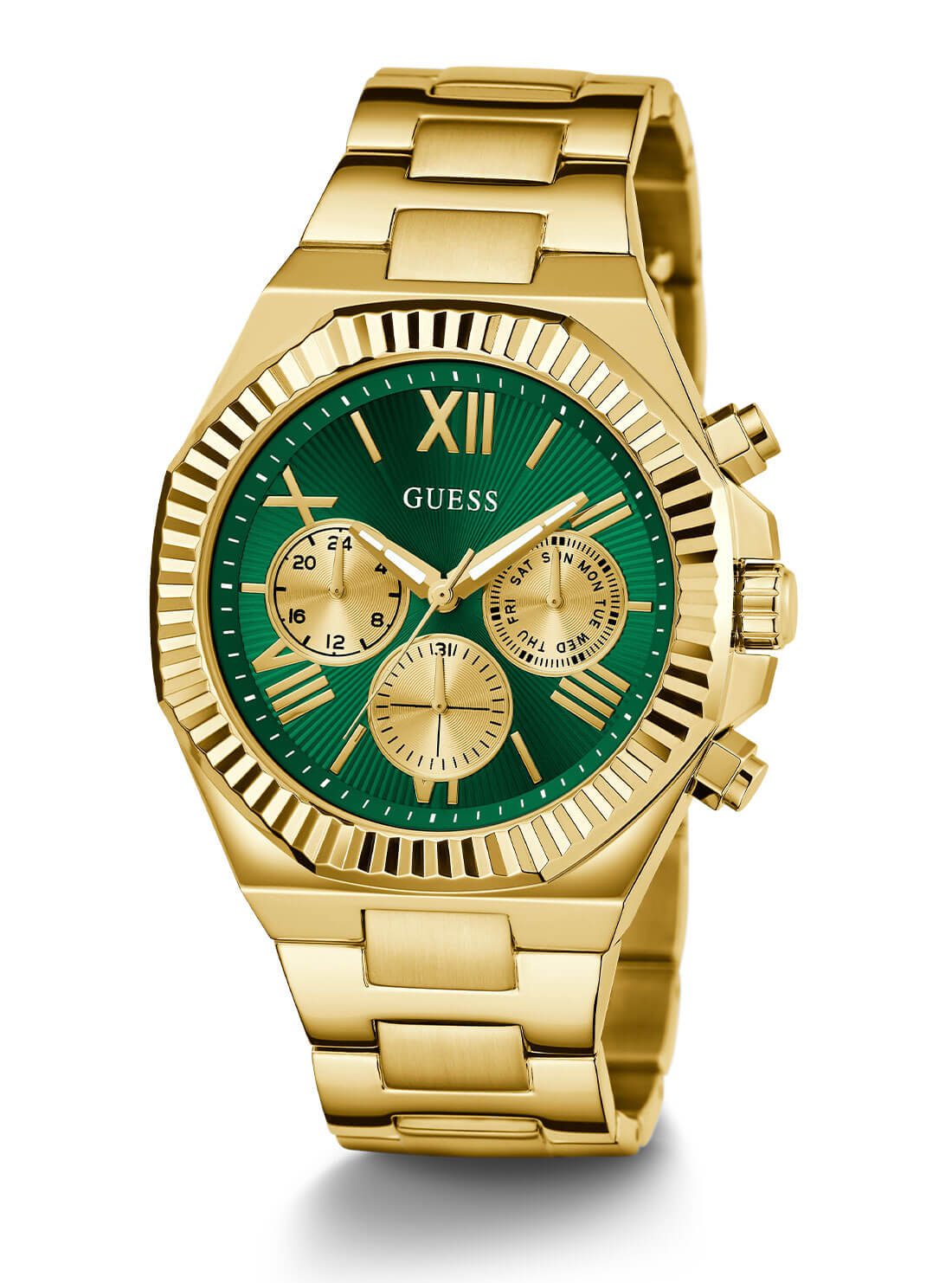 Gold Equity Green Link Watch | GUESS Men's Watches | full view