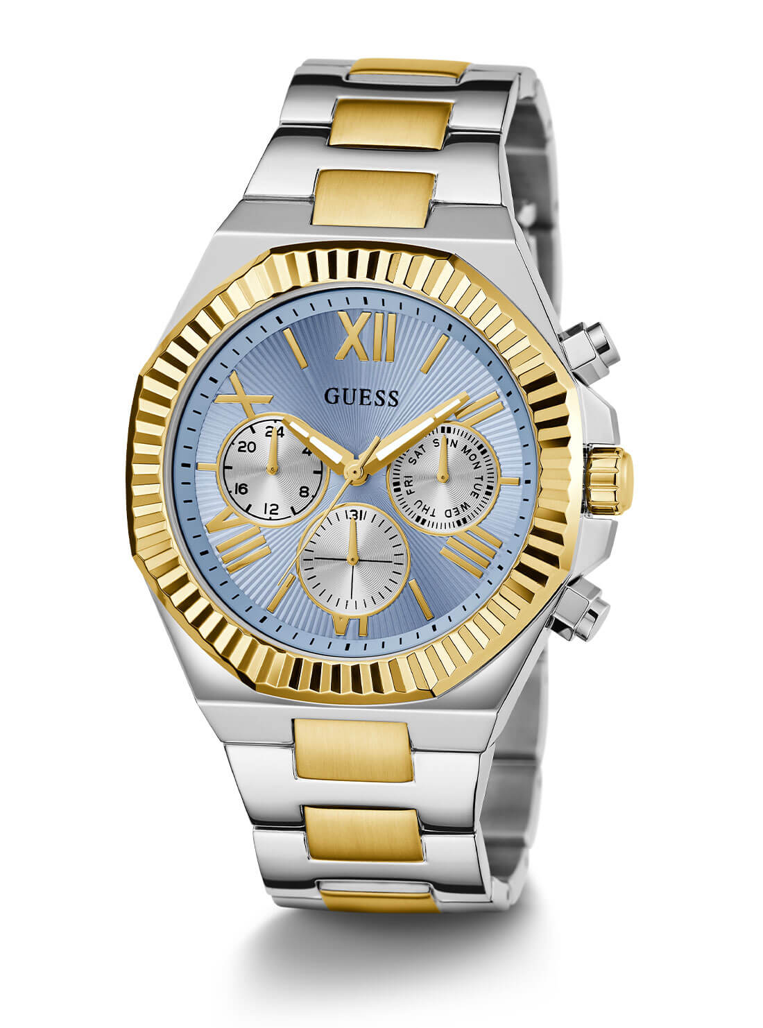 Silver and Gold Equity Blue Link Watch | GUESS Men's watches | full view