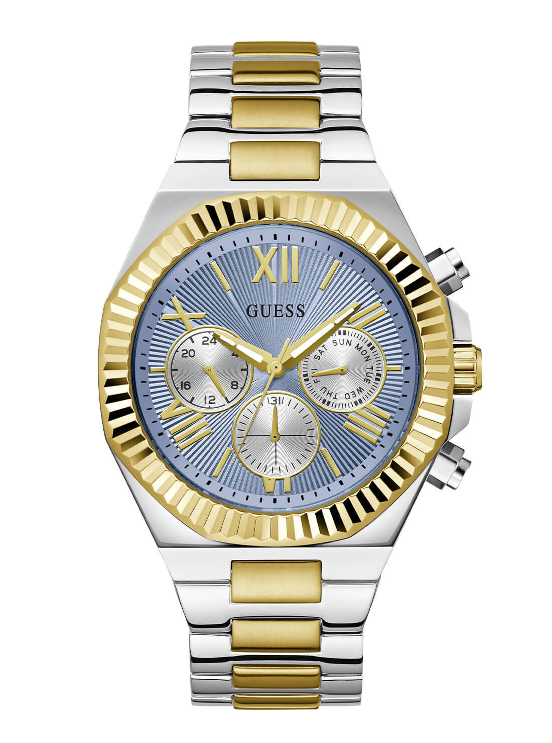 Silver and Gold Equity Blue Link Watch | GUESS Men's Watches | front view