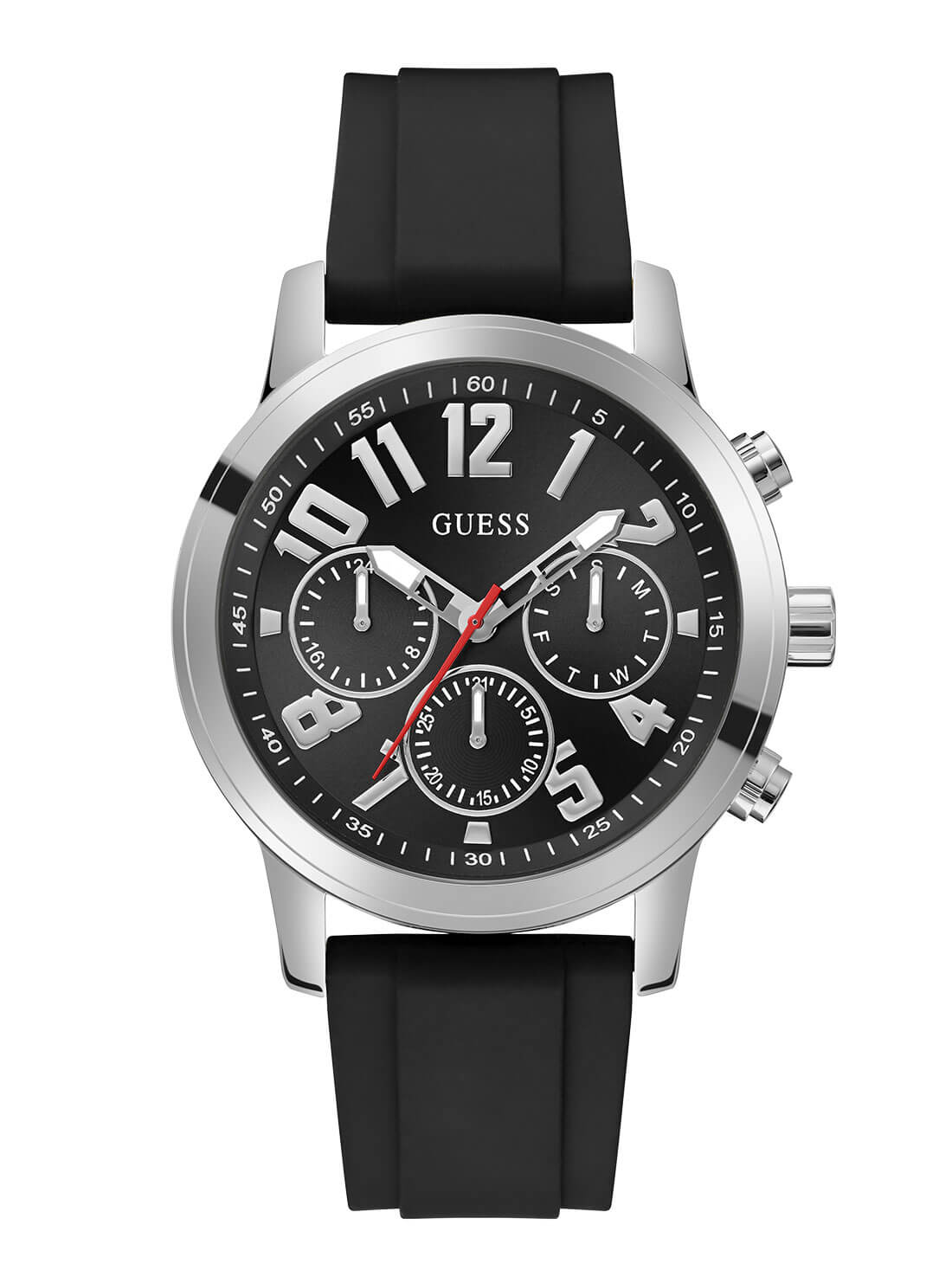 Silver Parker Black Silicone Watch | GUESS Men's Watches | front view