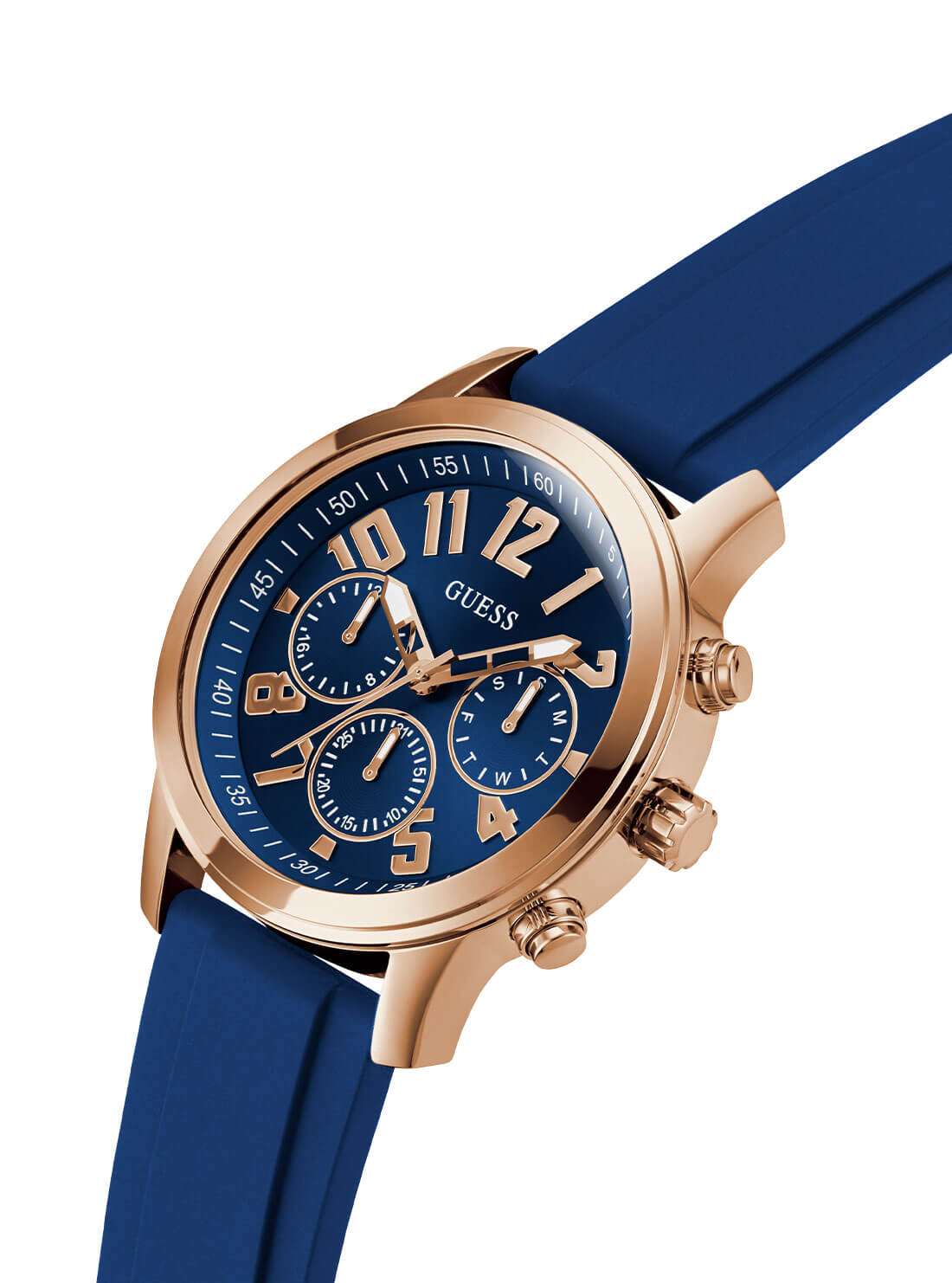 Gold Parker Navy Blue Silicone Watch | GUESS Men's Watches | detail view