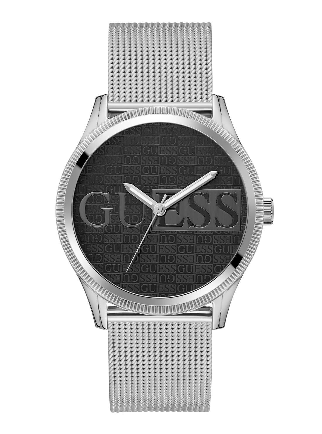 Silver Reputation Black Logo Mesh Watch | GUESS men's watches | front view