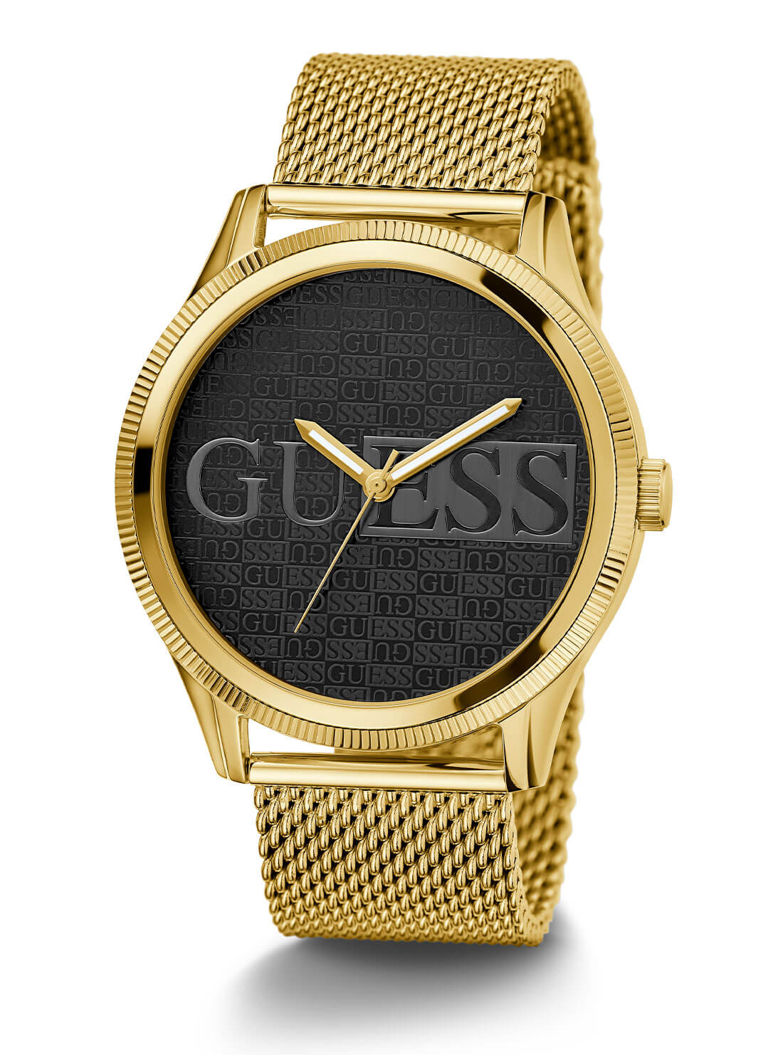 Gold Reputation Black Logo Mesh Watch | GUESS Men's Watches | full view