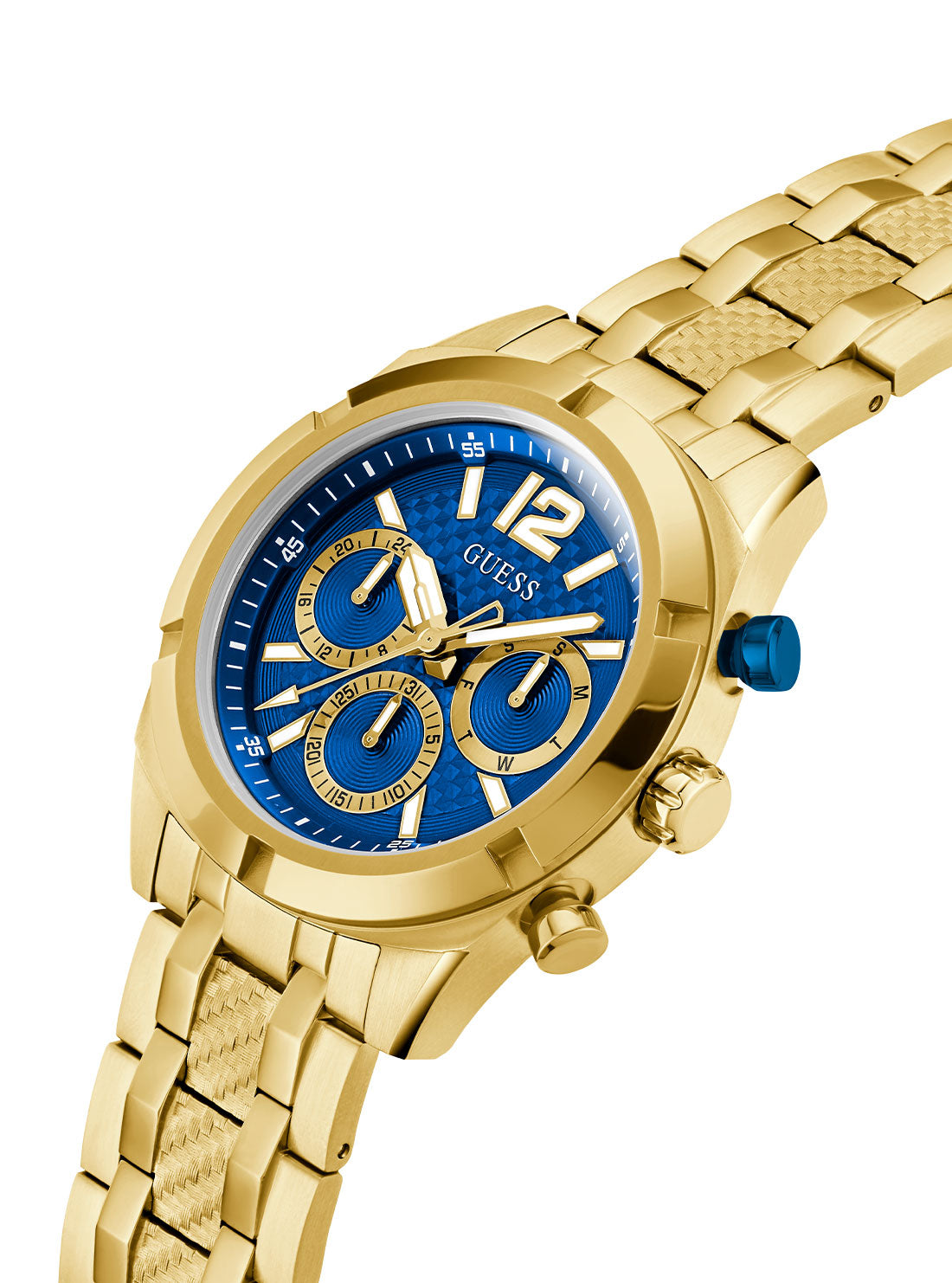 Gold Resistance Blue Link Watch | GUESS Men's Watches | detail view