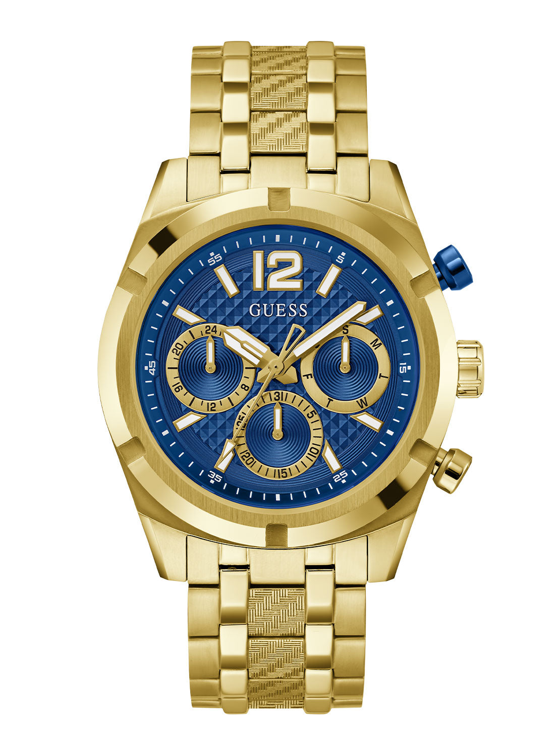 Gold Resistance Blue Link Watch | GUESS Men's watches | Front view