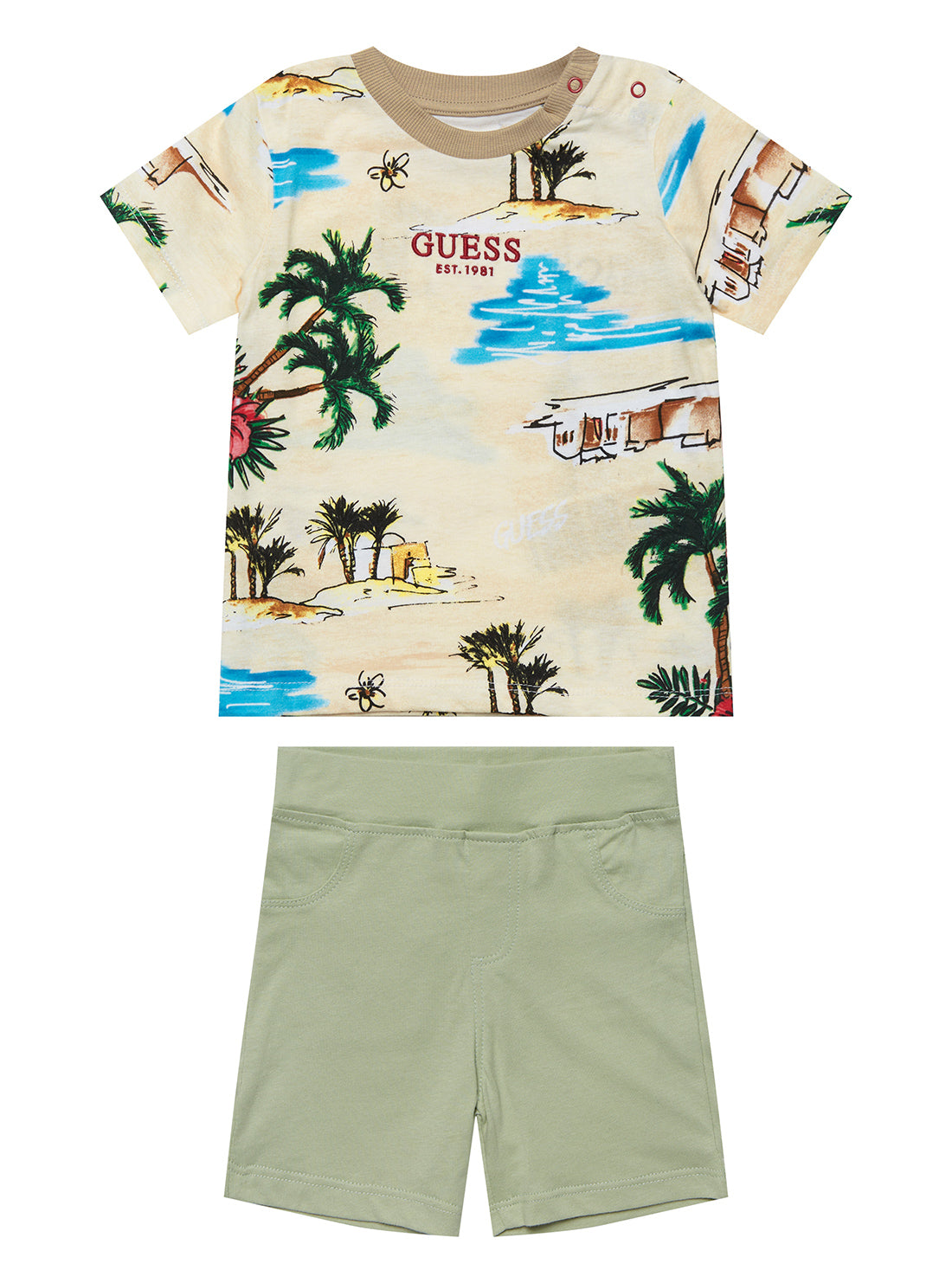 Beige Desert T-Shirt and Green Shorts Set (0-12M) | GUESS Baby | Front view