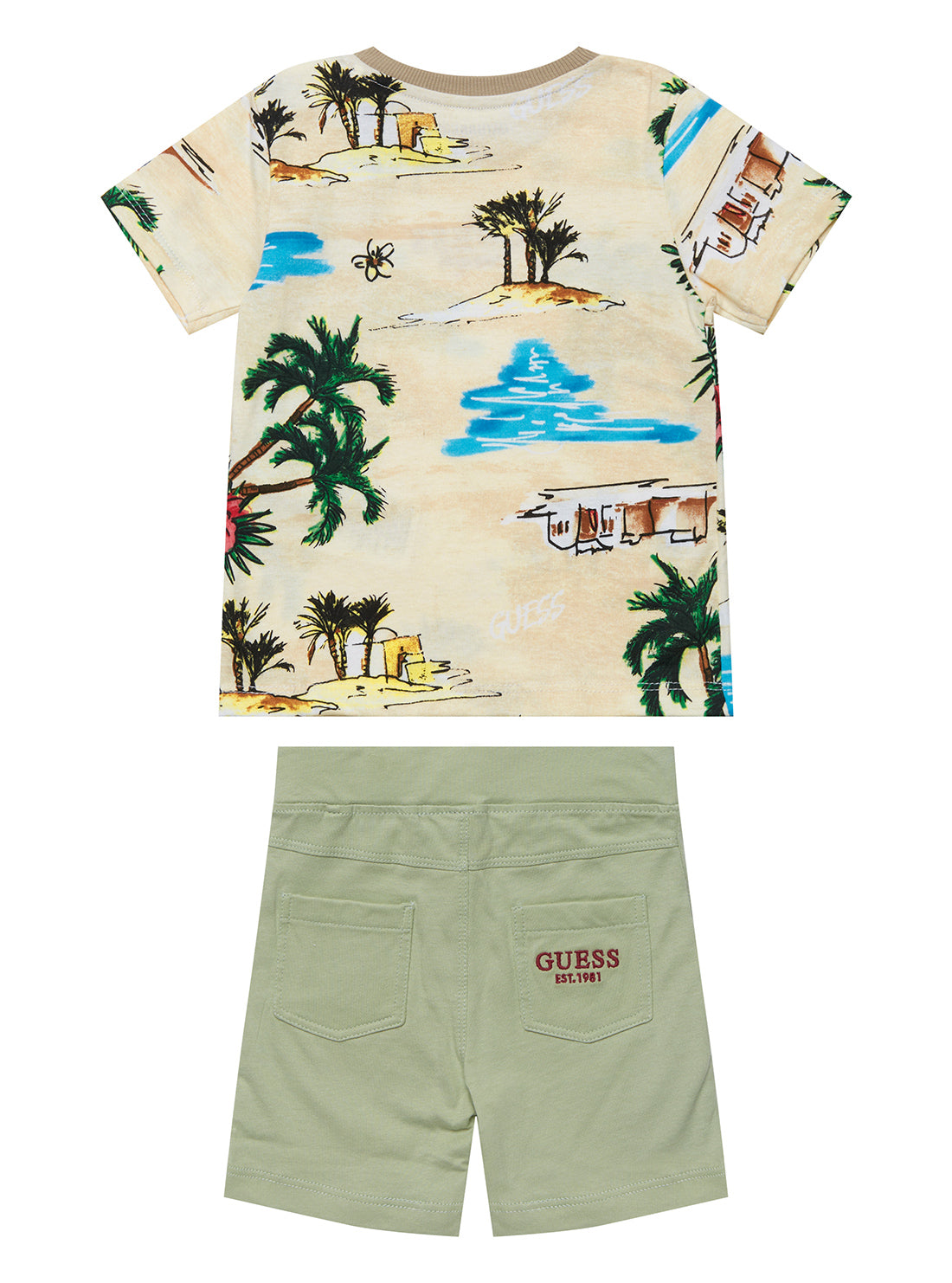 Beige Desert T-Shirt and Green Shorts Set (0-12M) | GUESS Baby | back view