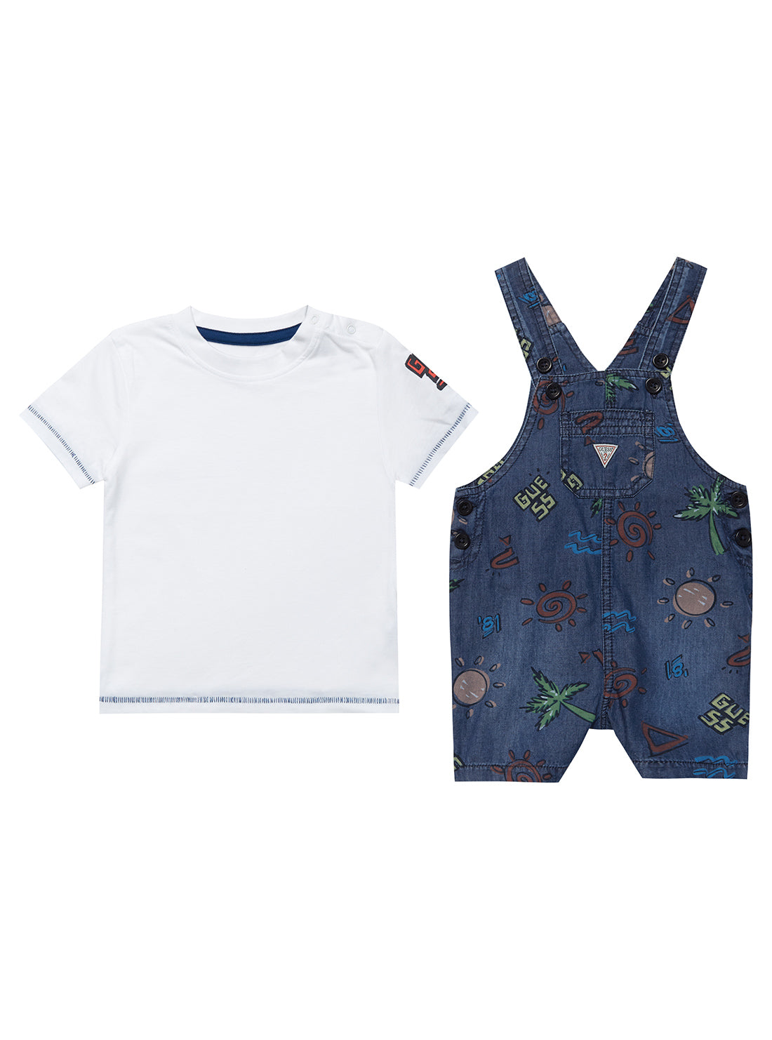 White T-Shirt and Blue Denim Palm Overalls (0-12M) | GUESS Baby | Front view