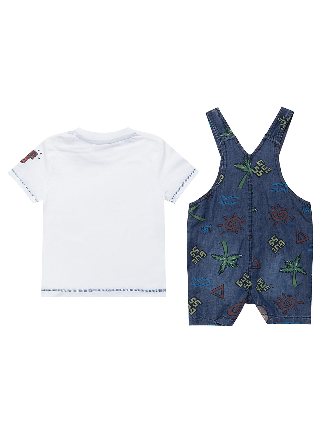 White T-Shirt and Blue Denim Palm Overalls (0-12M) | GUESS Baby | back view