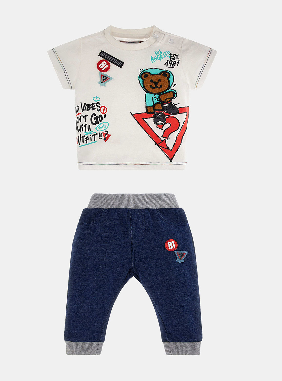 GUESS White Short Sleeve Knit Denim Pants Set (3-18M) front view