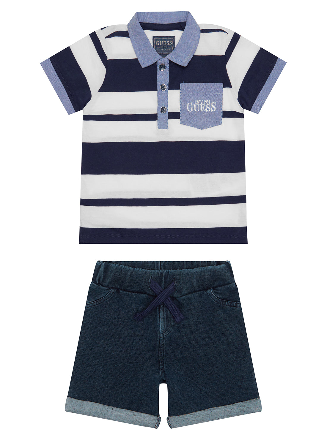 GUESSNavy Stripe Polo and Shorts Set (12-24M) front view