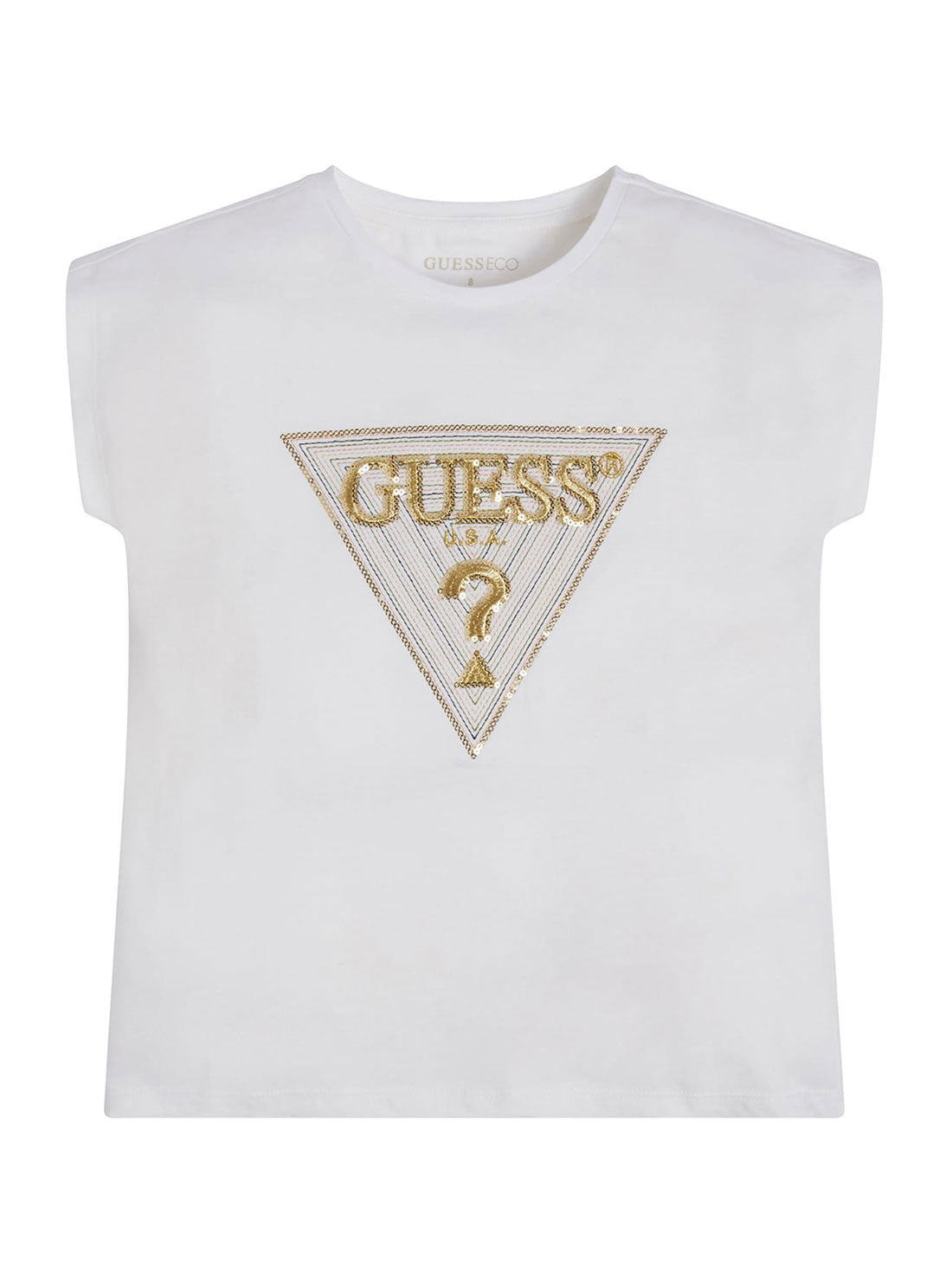 Eco Sequin Triangle Logo Girl's White T-Shirt (7-16) front view