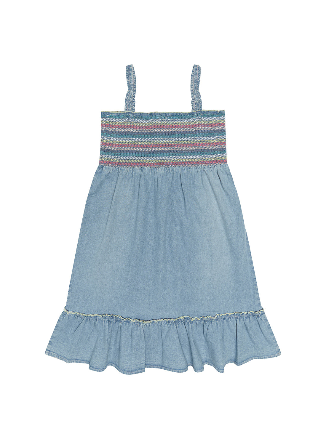 Girl's Light Blue Wash Denim Stretch Dress back view