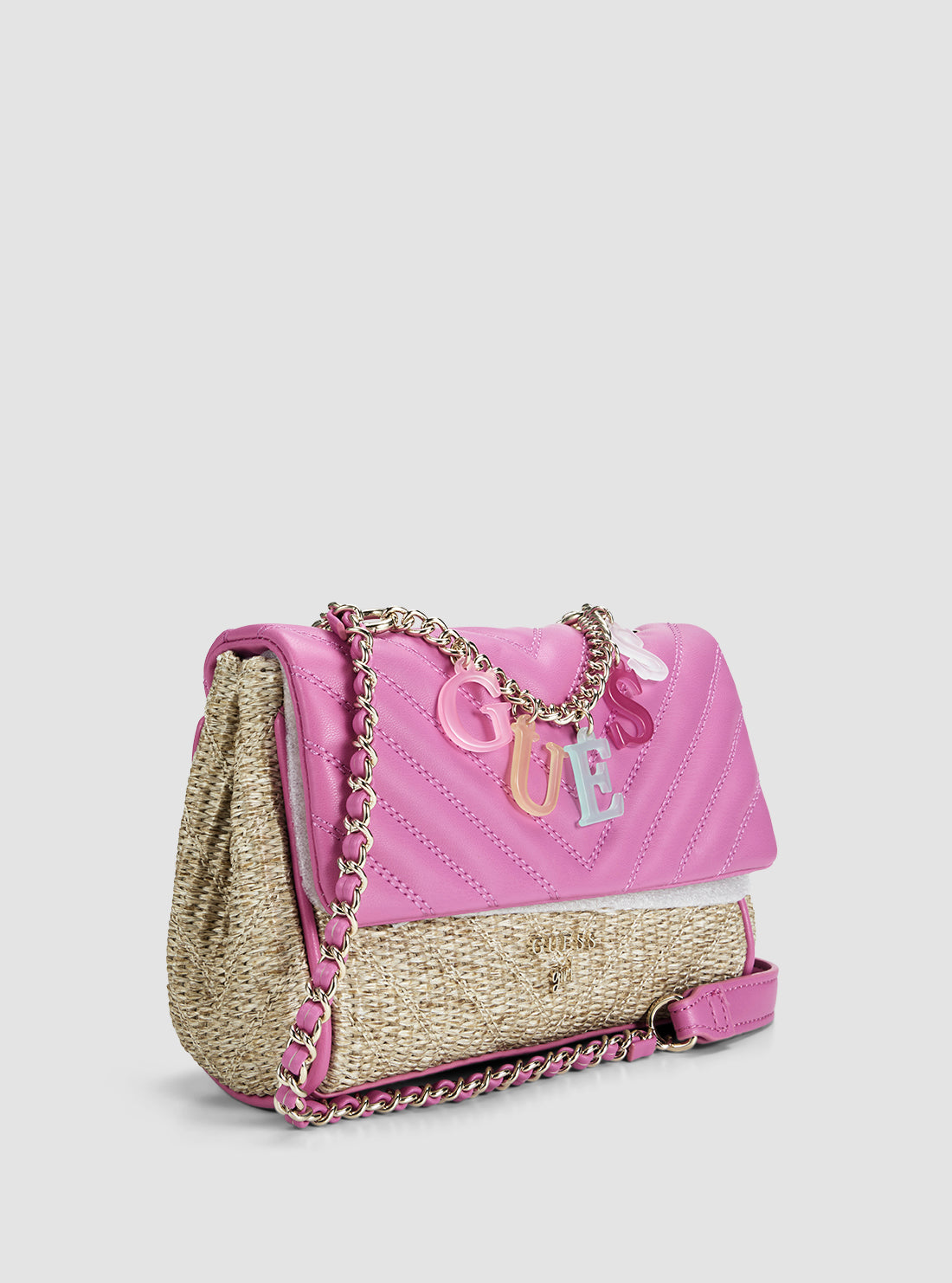 GUESS Kids Pink Straw Crossbody Flap Bag J5GZ10WH860 Front Side View