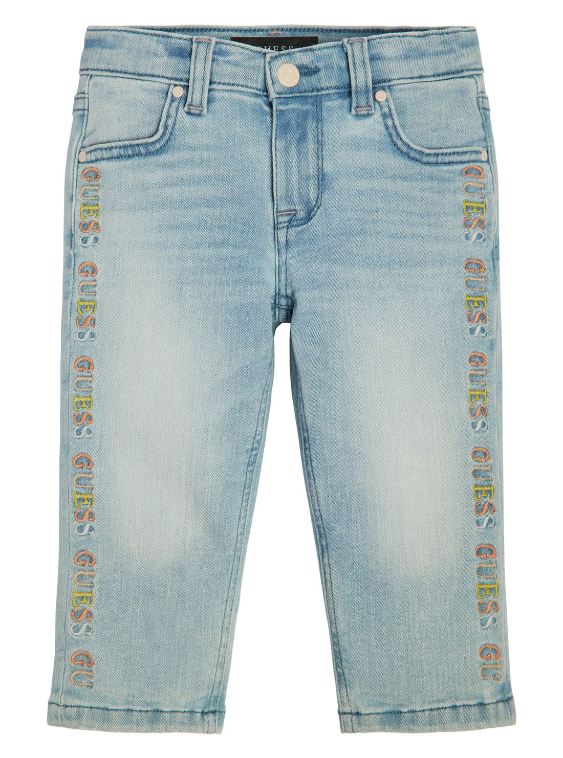 Light Denim Blue Logo Embroidered Straight Jeans | GUESS Kids | Front view