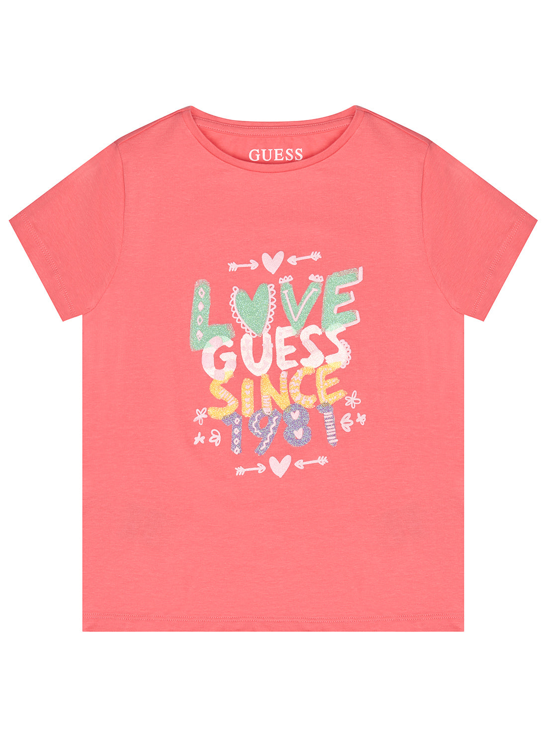 Girl's Coral Pink Glitter Logo T-Shirt front view