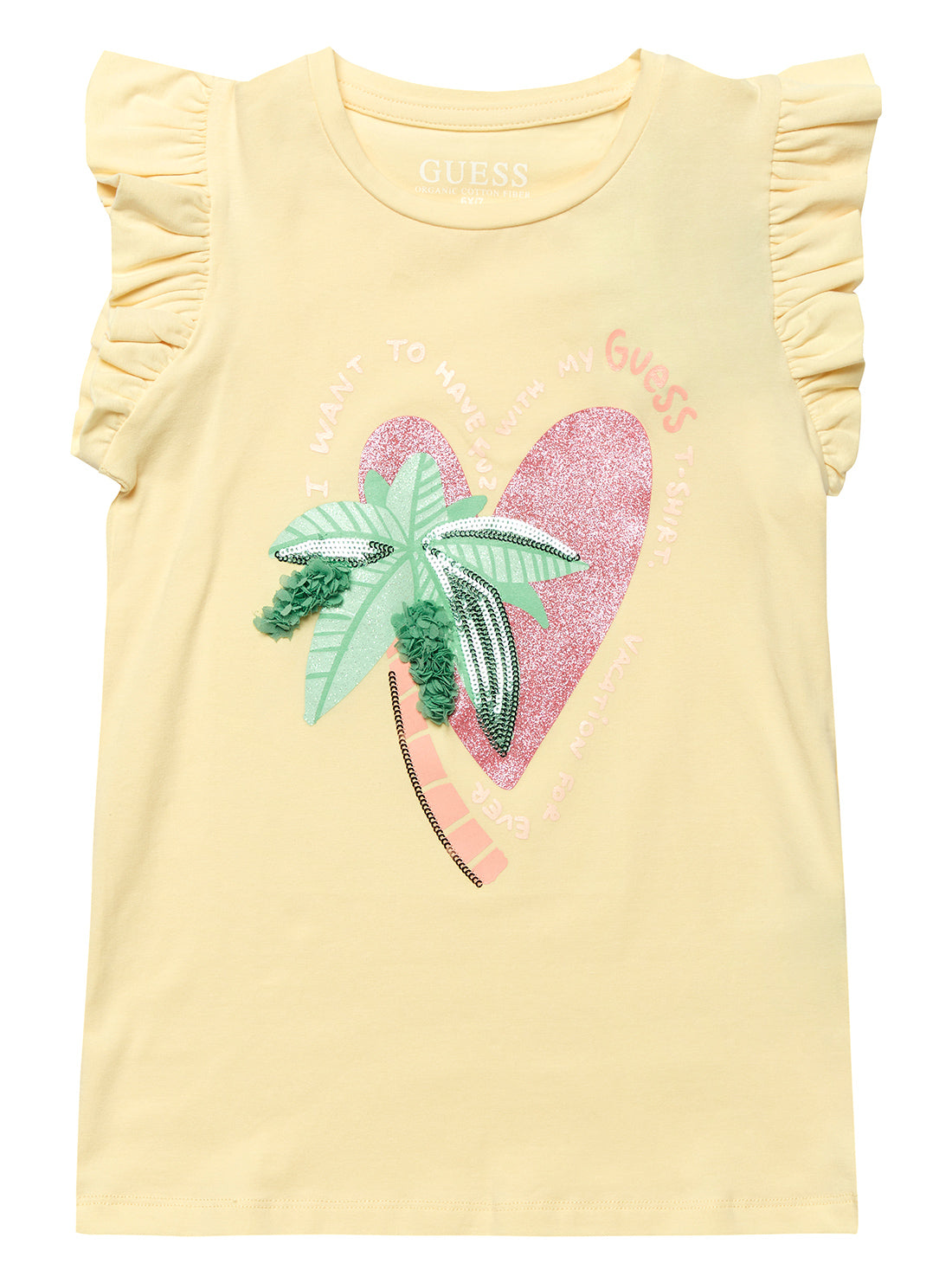 Girl's Yellow Palm Tree Heart T-Shirt (2-7) | GUESS Kids | front view