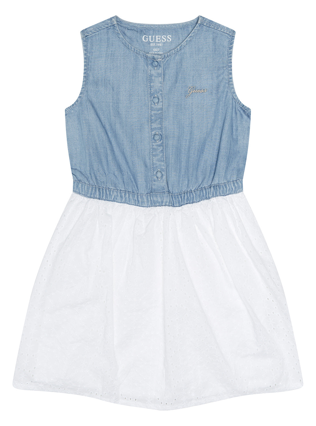 Girl's Blue Denim and White Sleeveless Dress (2-7) | GUESS Kids | Front view
