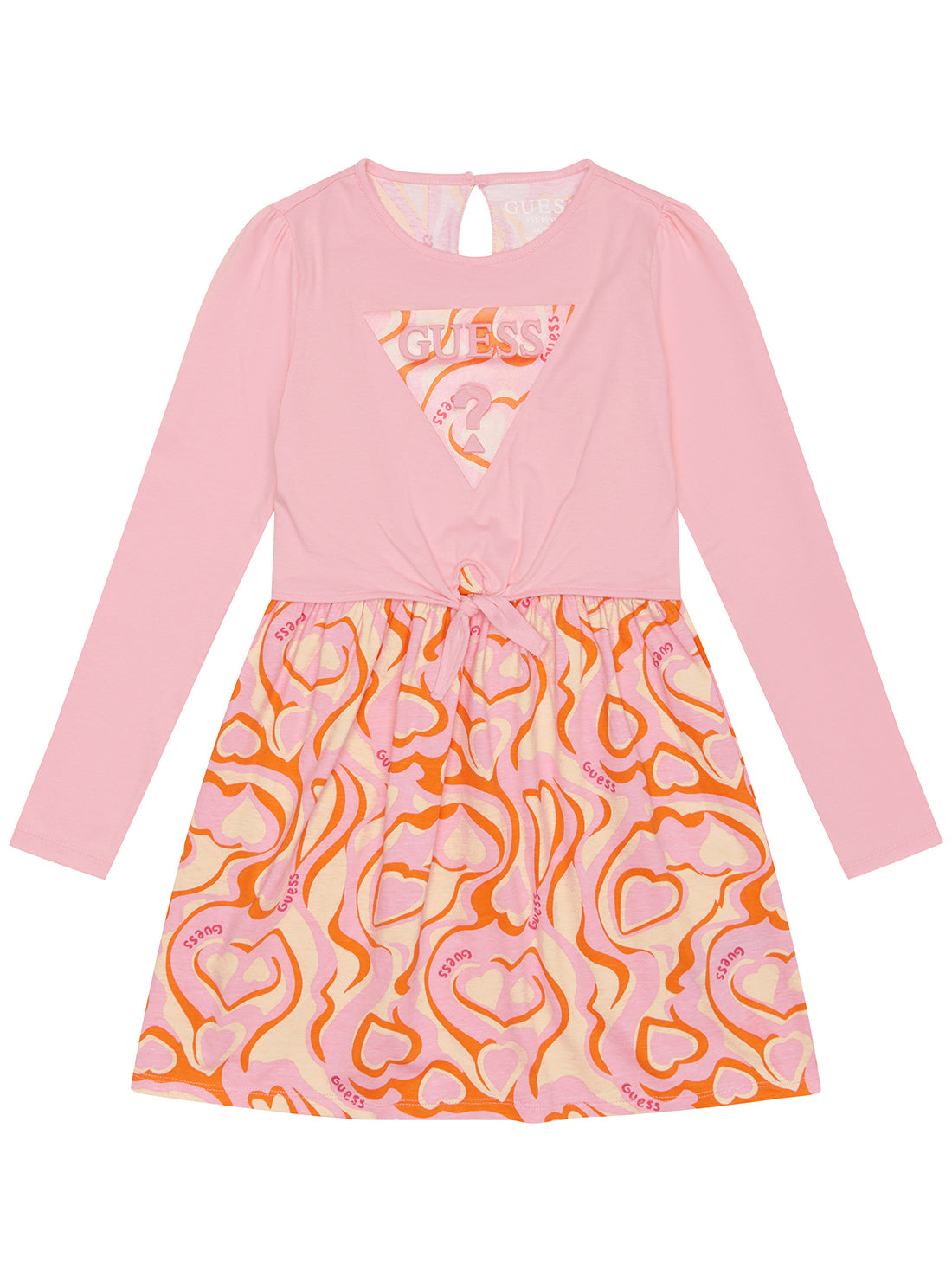 Pink and Orange Long Sleeve Heart Dress (2-7) | GUESS Kids | front view