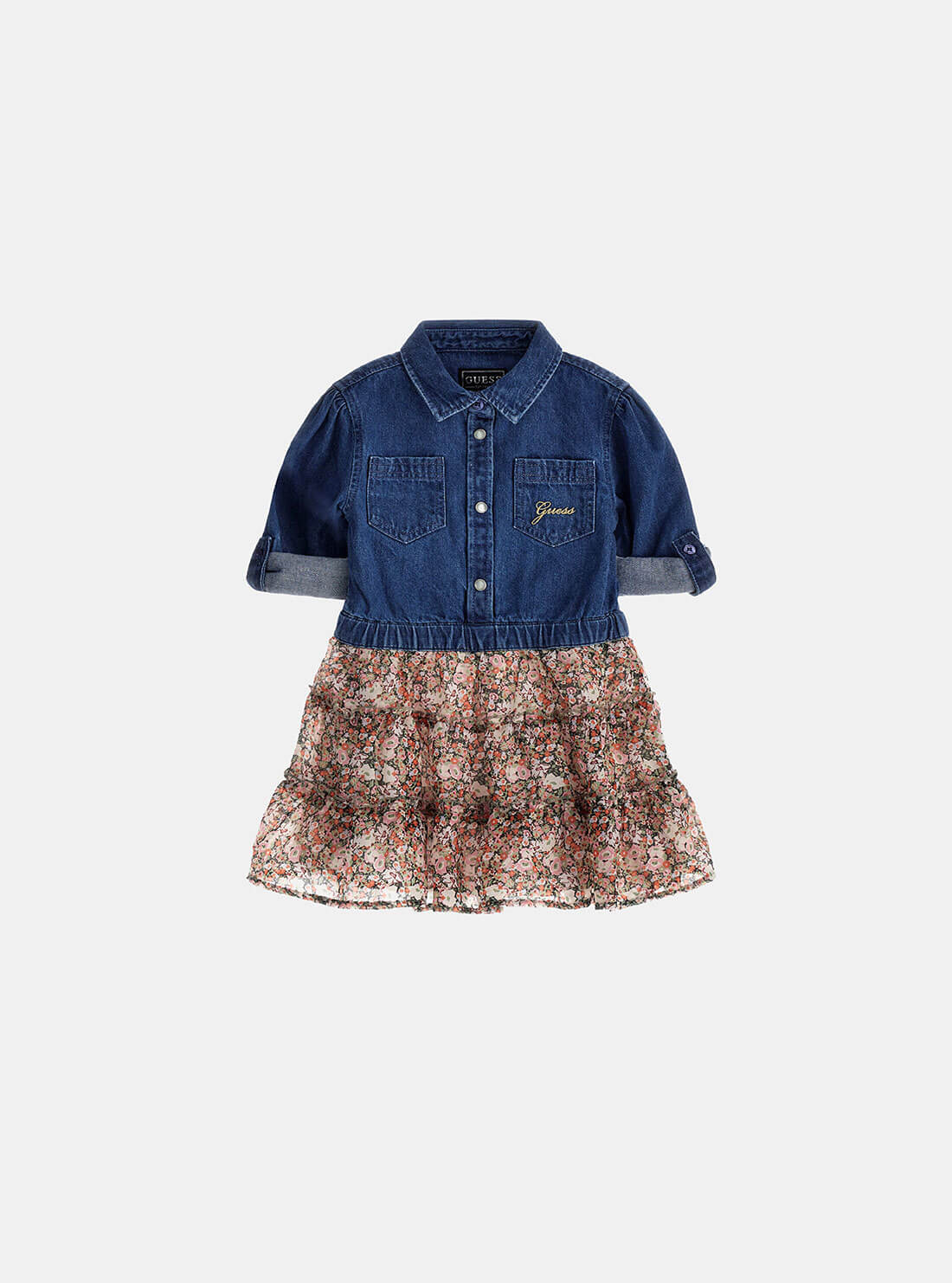 Blue Denim and Floral Print Dress (2-7) | GUESS Kids | front view