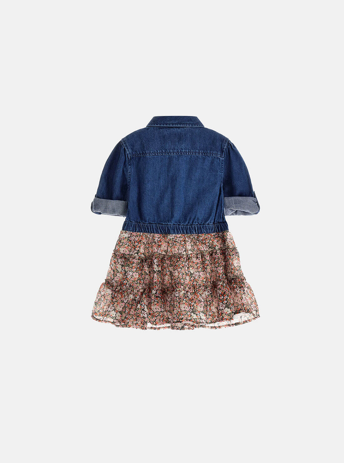 Blue Denim and Floral Print Dress (2-7) | GUESS Kids | Back view
