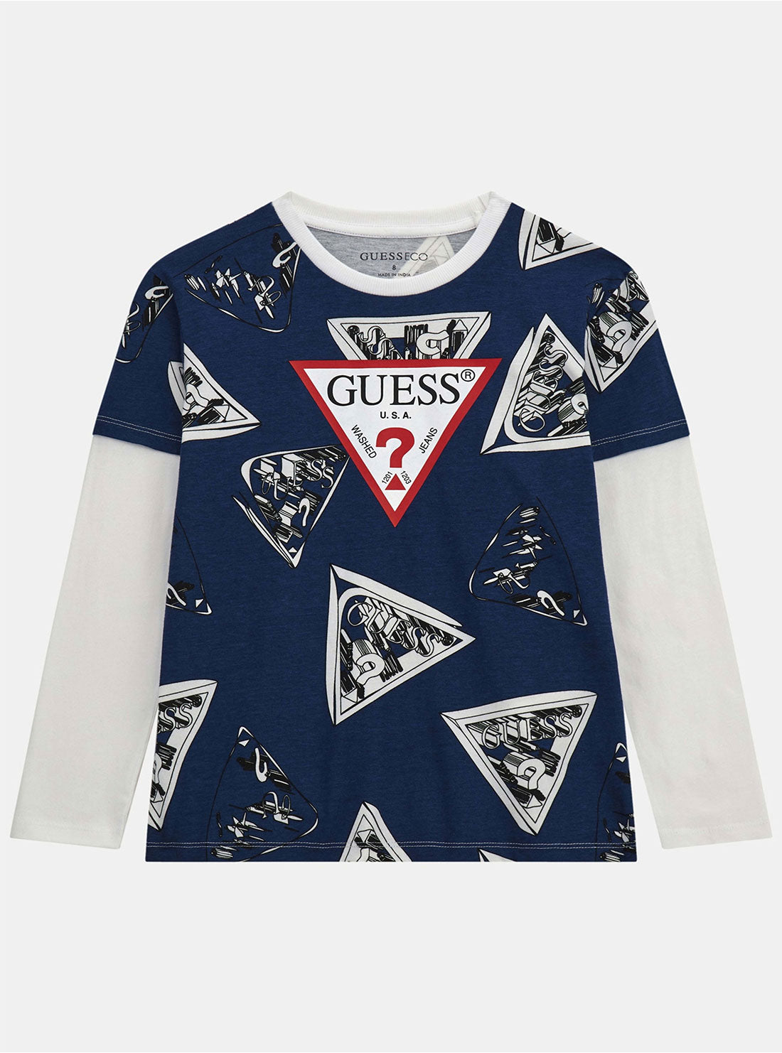 GUESS Blue Multi Print Long Sleeve T-Shirt (7-16) front view