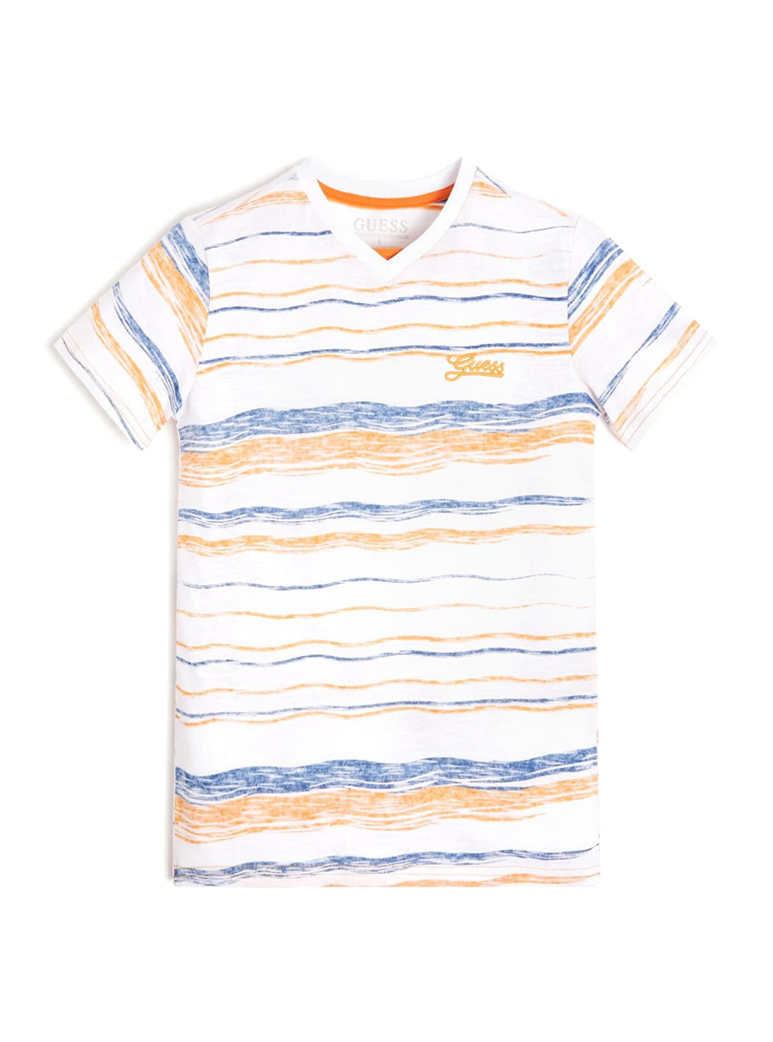 Boy's Eco Orange Stripe White V-neck T-Shirt front view