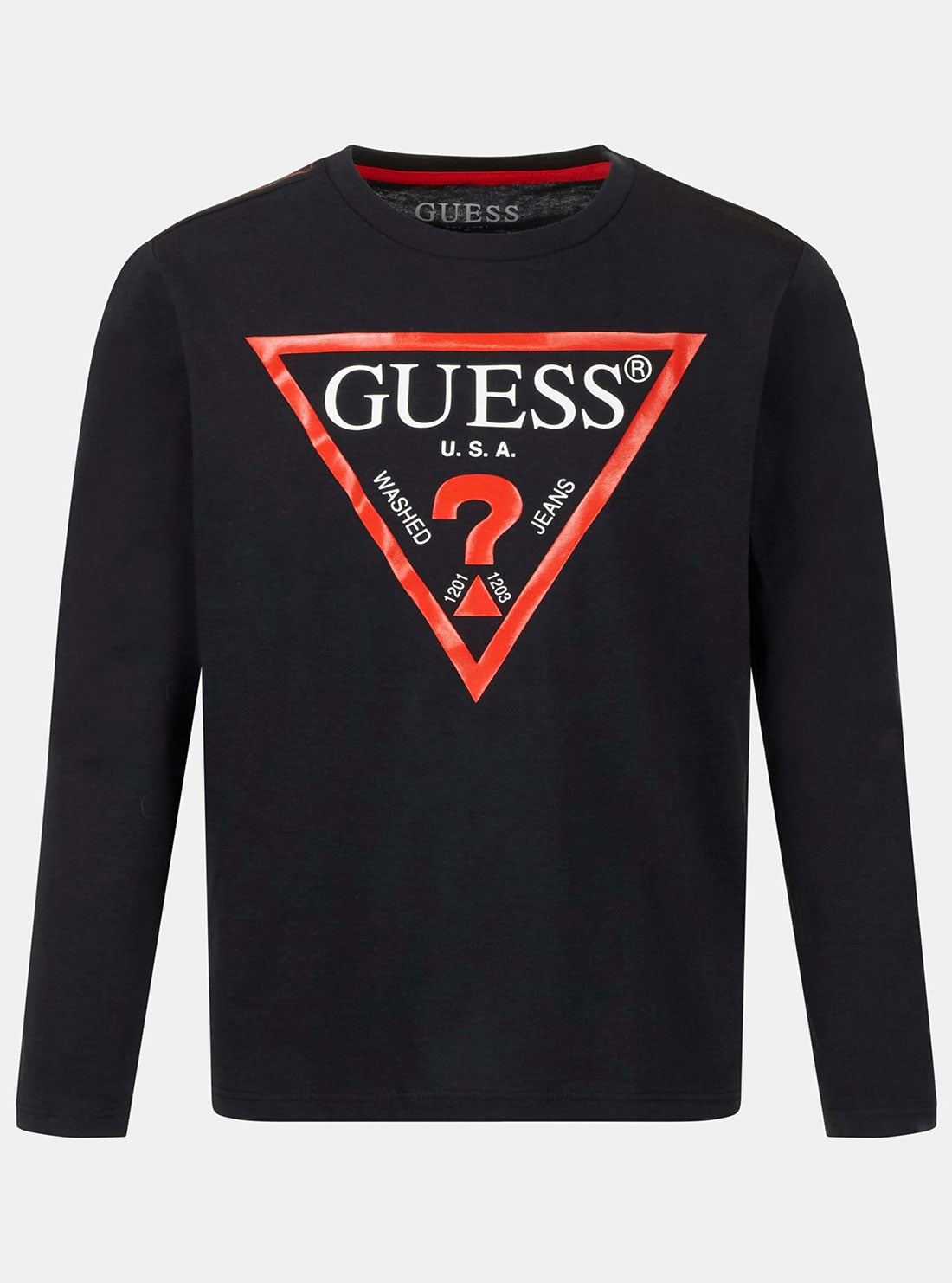 Boy's Black Triangle Logo Long Sleeve Top (7-16) | GUESS Kids | front view