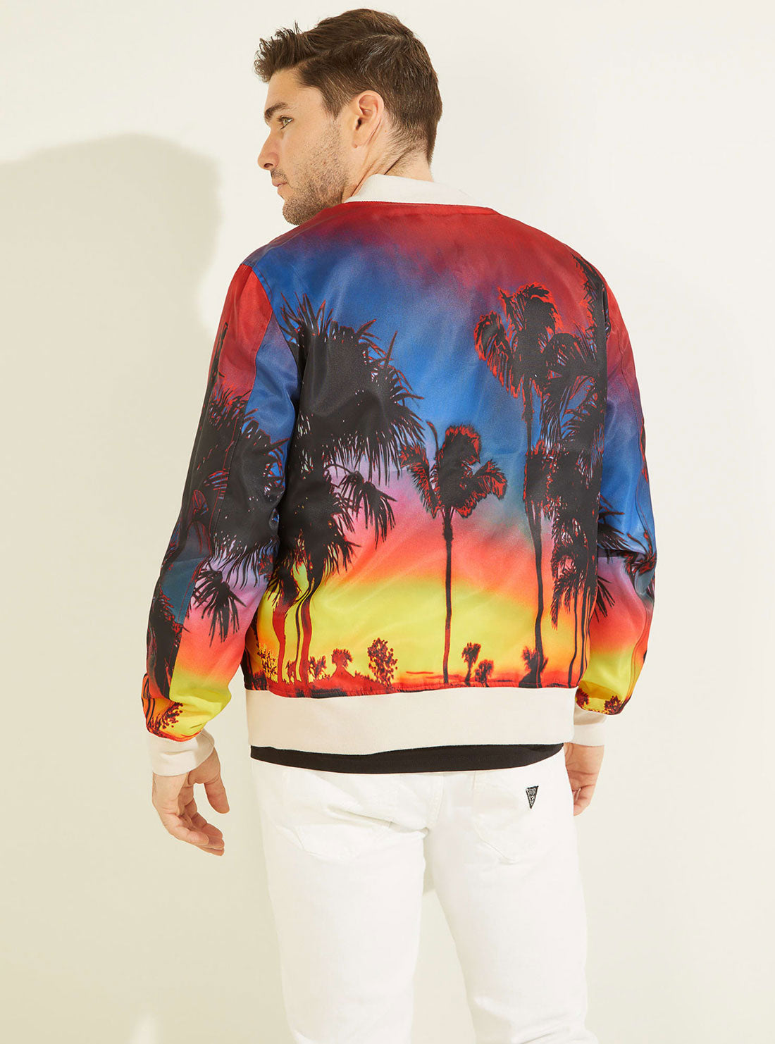 GUESS Beige Multi Palms Reversible Bomber Jacket back view