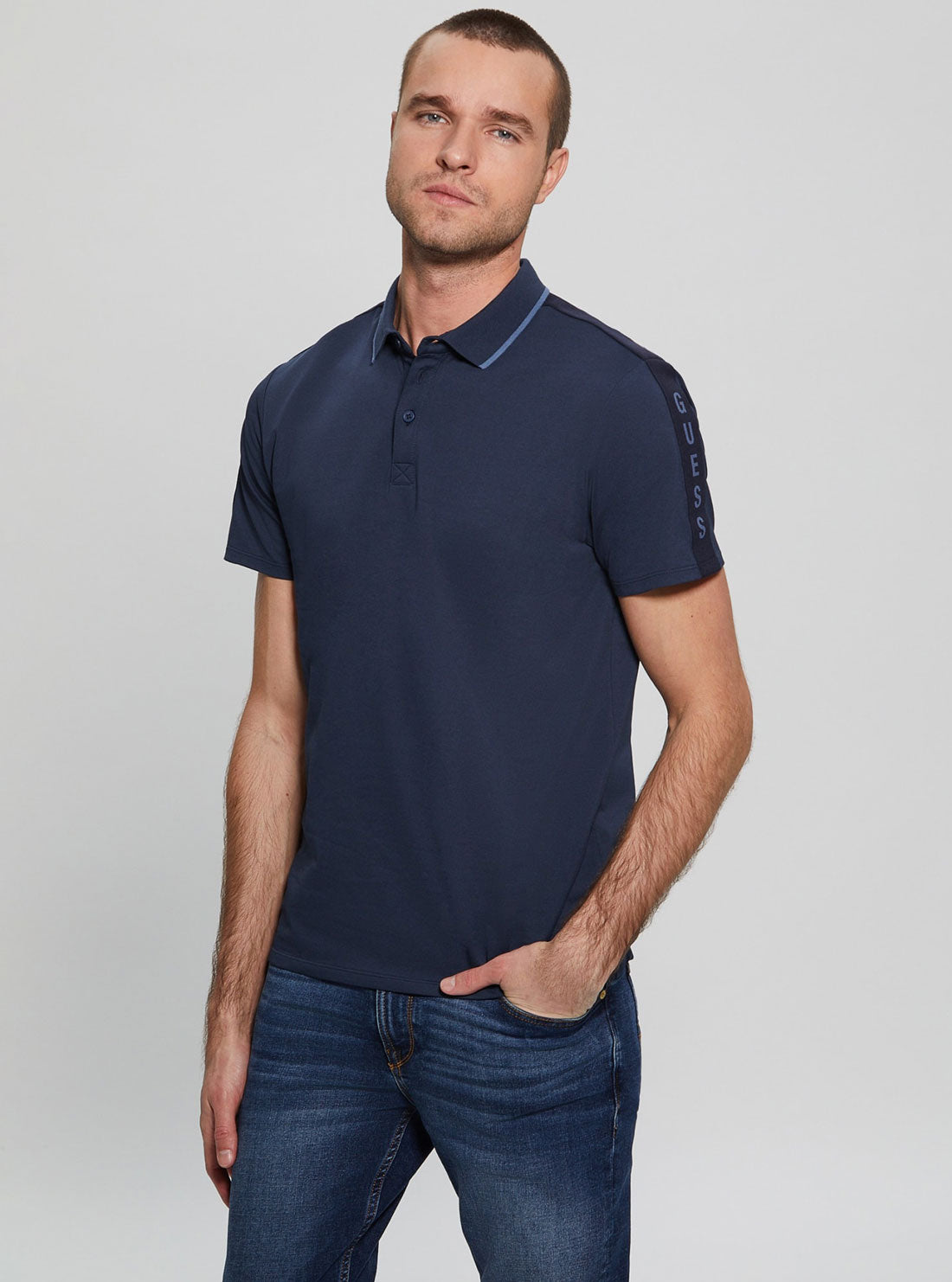 Navy Blue Paul Pique Tape Polo T-Shirt | GUESS Men's Apparel | front view