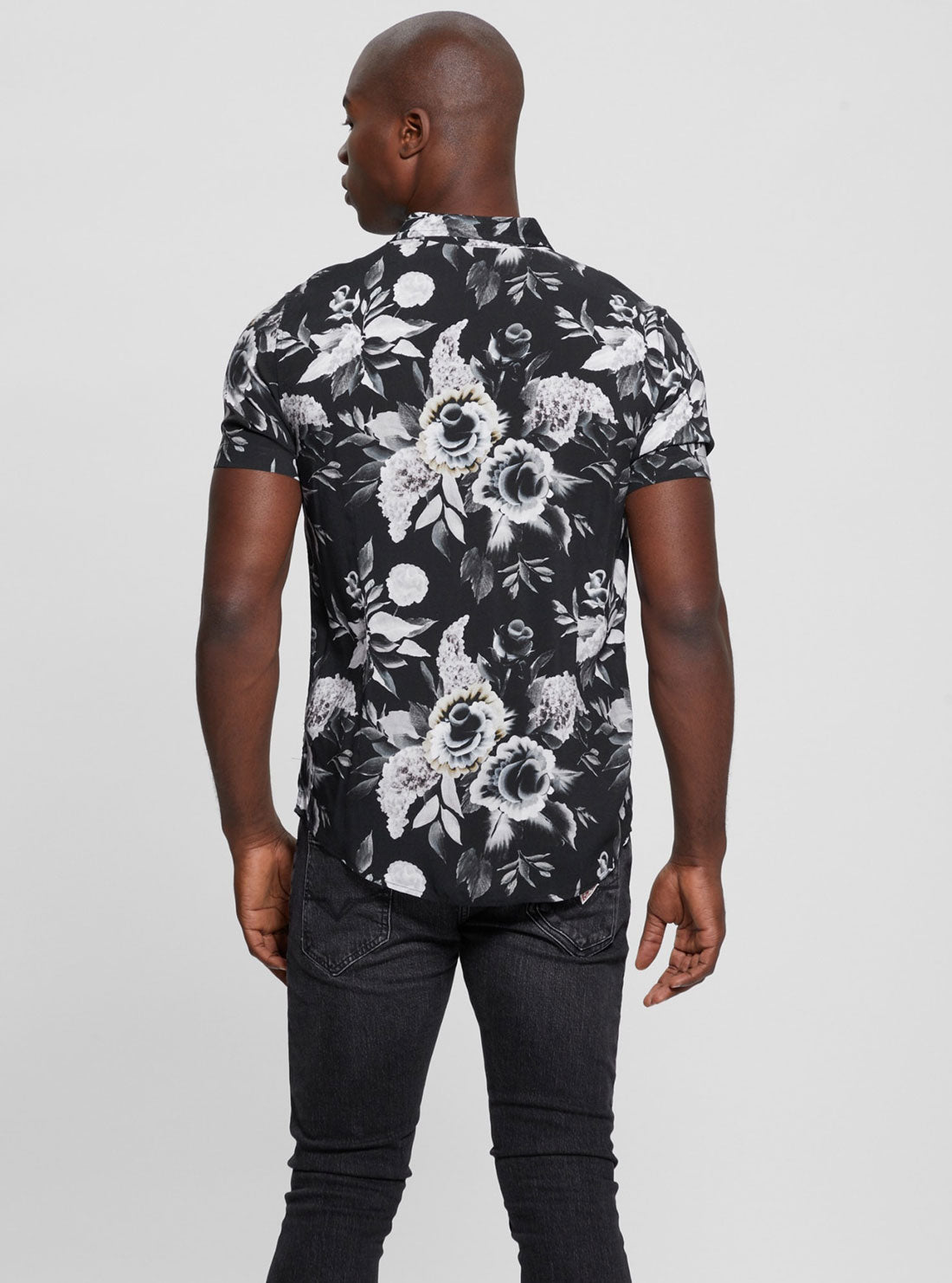 Eco Black Rayon Floral Shirt | GUESS Men's Apparel | back view