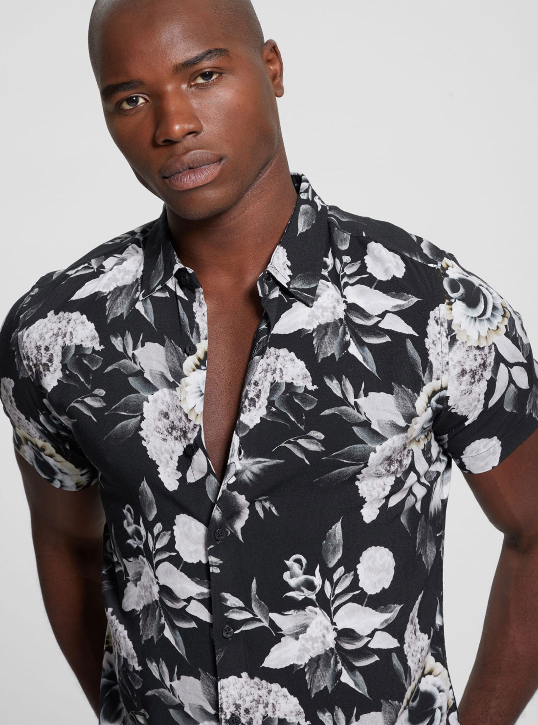 Eco Black Rayon Floral Shirt | GUESS Men's Apparel | detail view