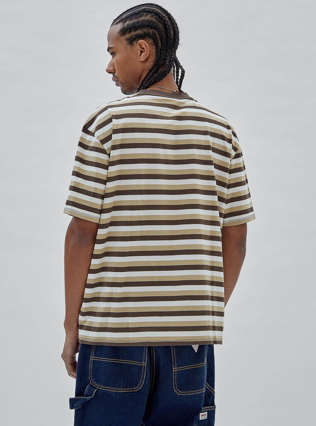 Guess Originals Eco Brown and White Striped T-Shirt | GUESS men's apparel | back view