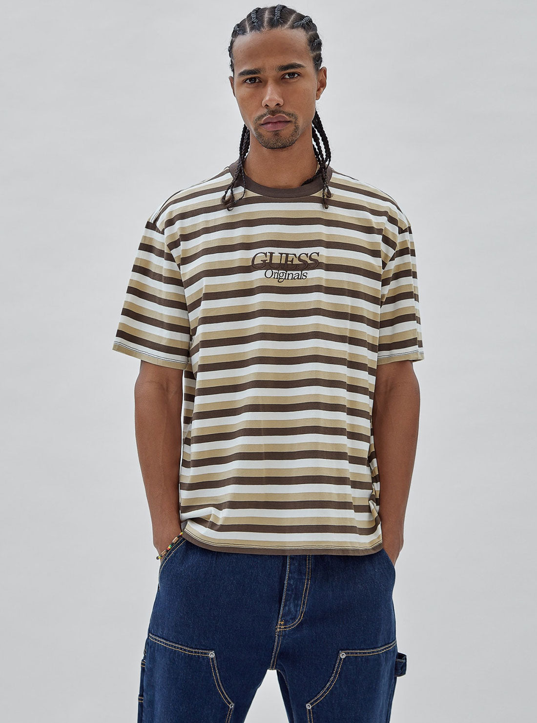 Guess Originals Eco Brown and White Striped T-Shirt | GUESS Men's Apparel | front view