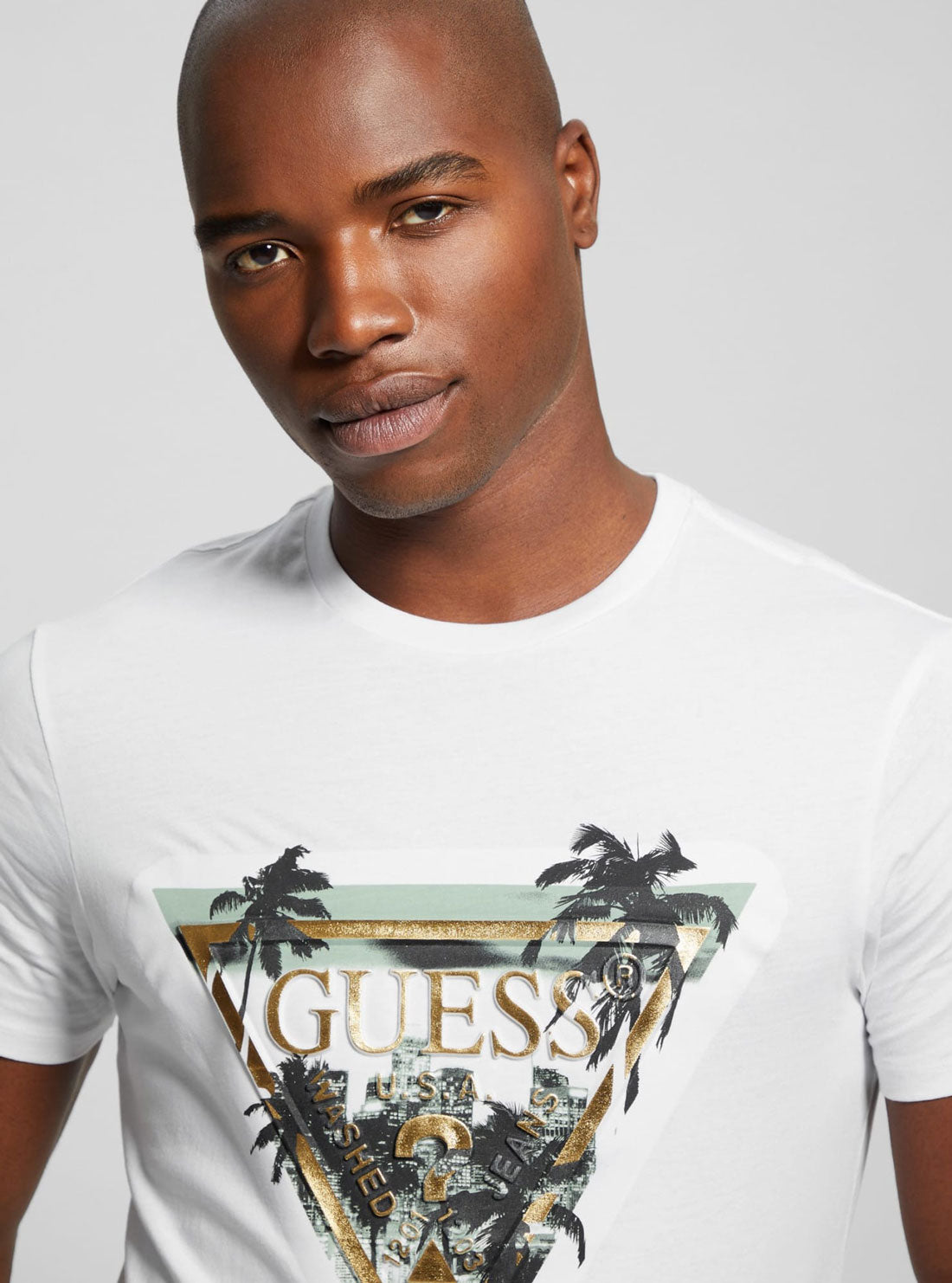 White Palm Print Triangle Logo T-Shirt | GUESS Men's Apparel | detail view