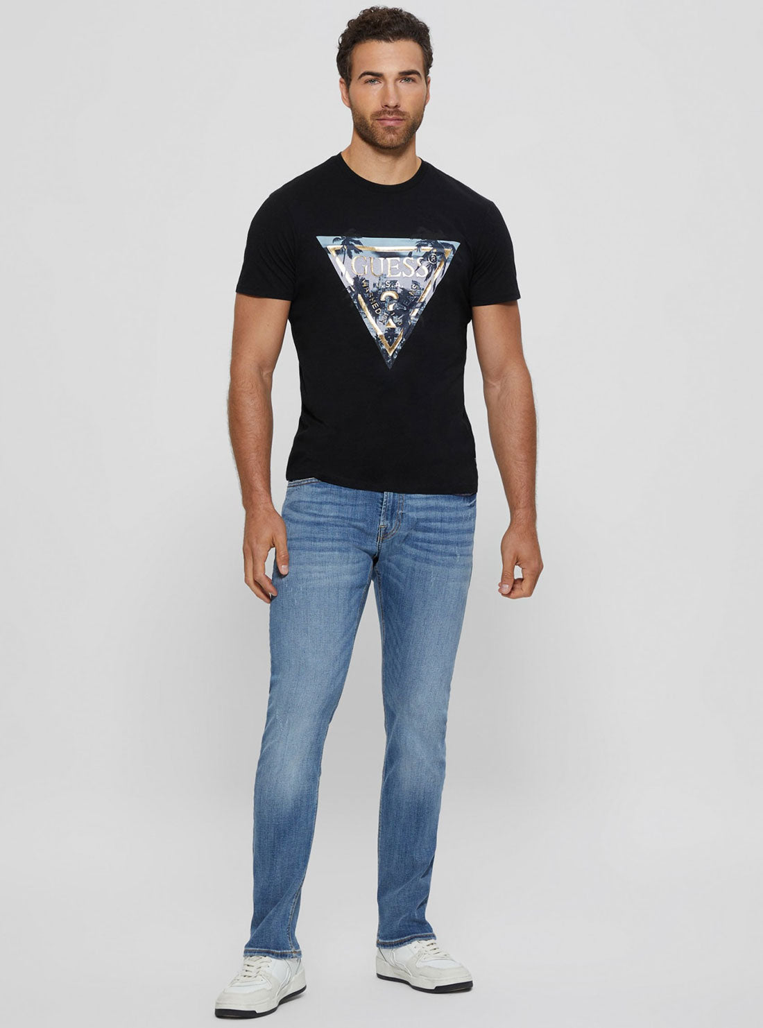 Black Palm Print Triangle Logo T-Shirt | GUESS Men's Apparel | full view