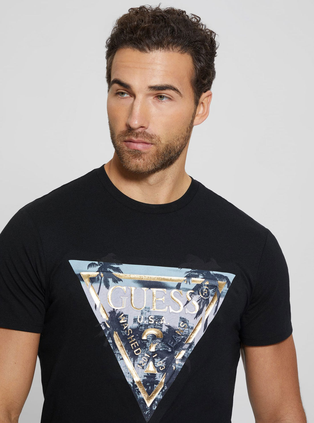 Black Palm Print Triangle Logo T-Shirt | GUESS Men's Apparel | detail view