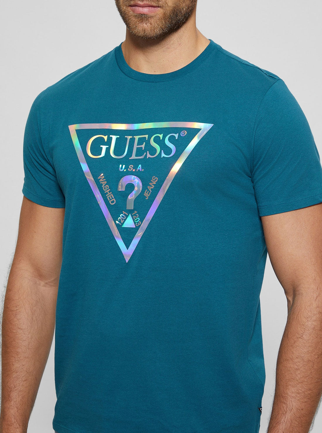 Teal Blue Iridescent Logo T-Shirt | GUESS Men's Apparel | detail view
