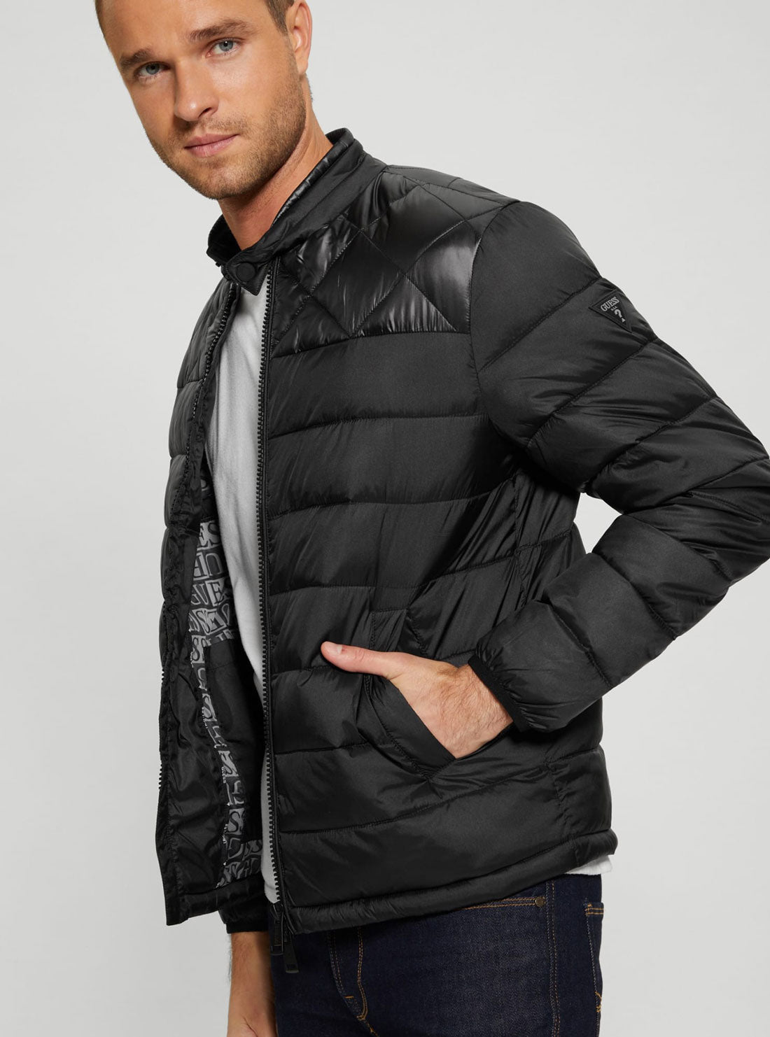 Eco Black Lightweight Puffer Jacket | GUESS men's Apparel | side view
