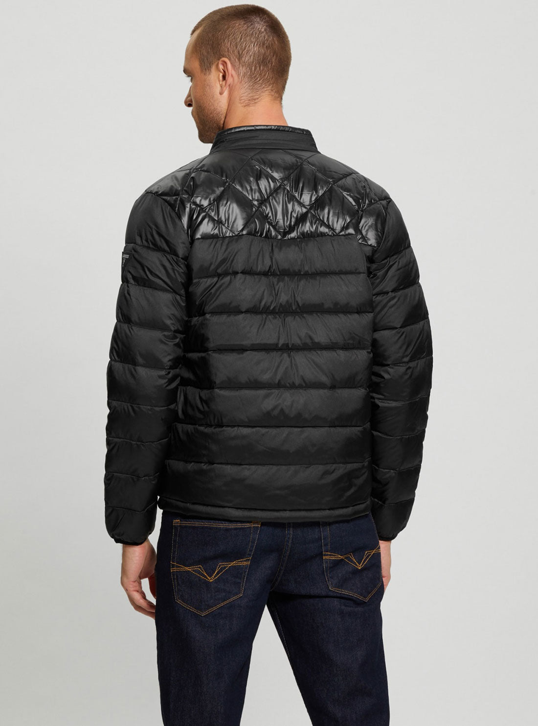 Eco Black Lightweight Puffer Jacket | GUESS men's apparel | back view