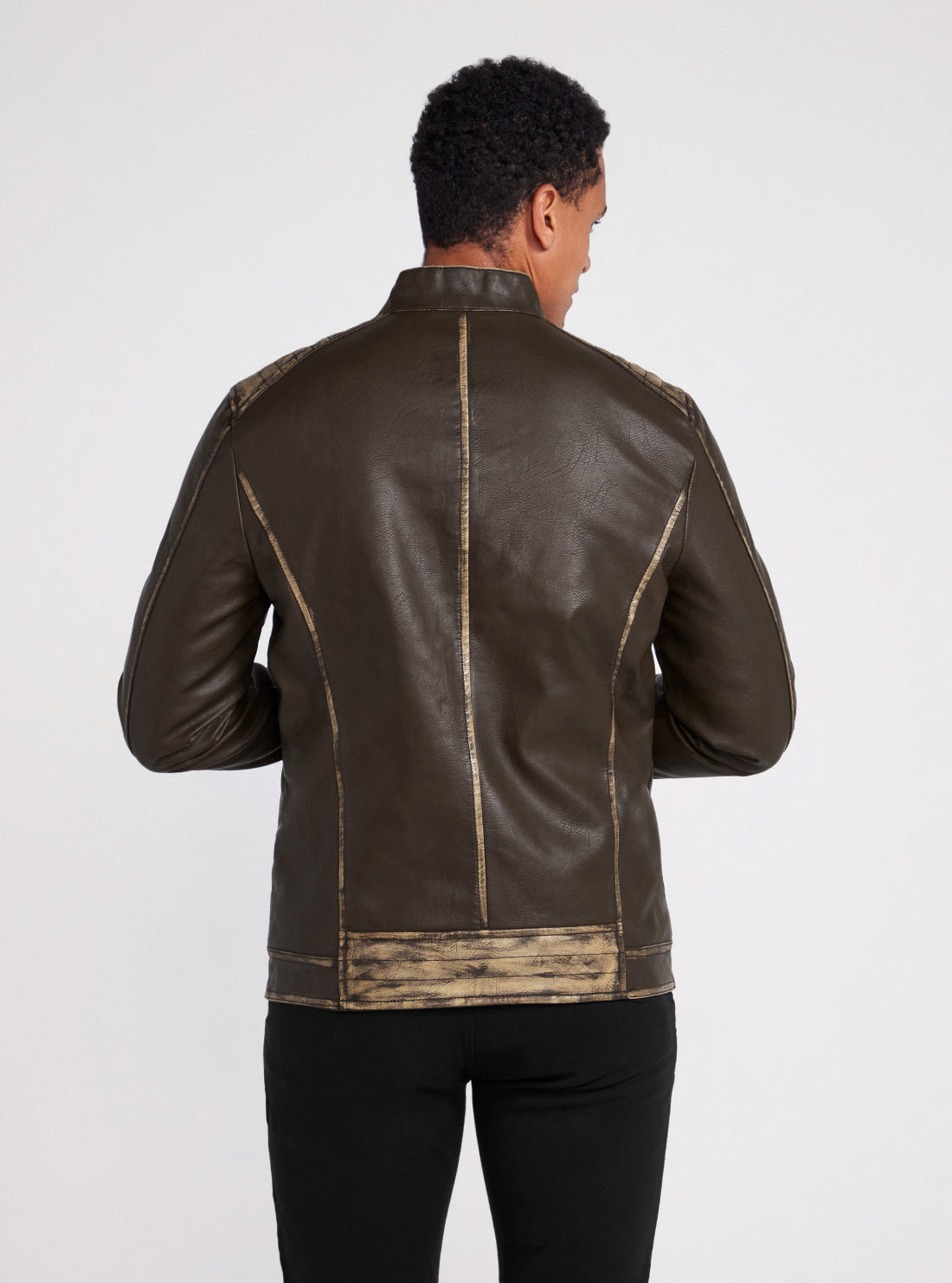 Dark Brown Washed Leather Jacket | GUESS Men's Apparel | back view