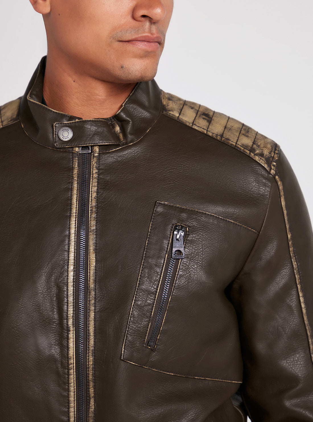 Dark Brown Washed Leather Jacket | GUESS Men's apparel | detail view alt