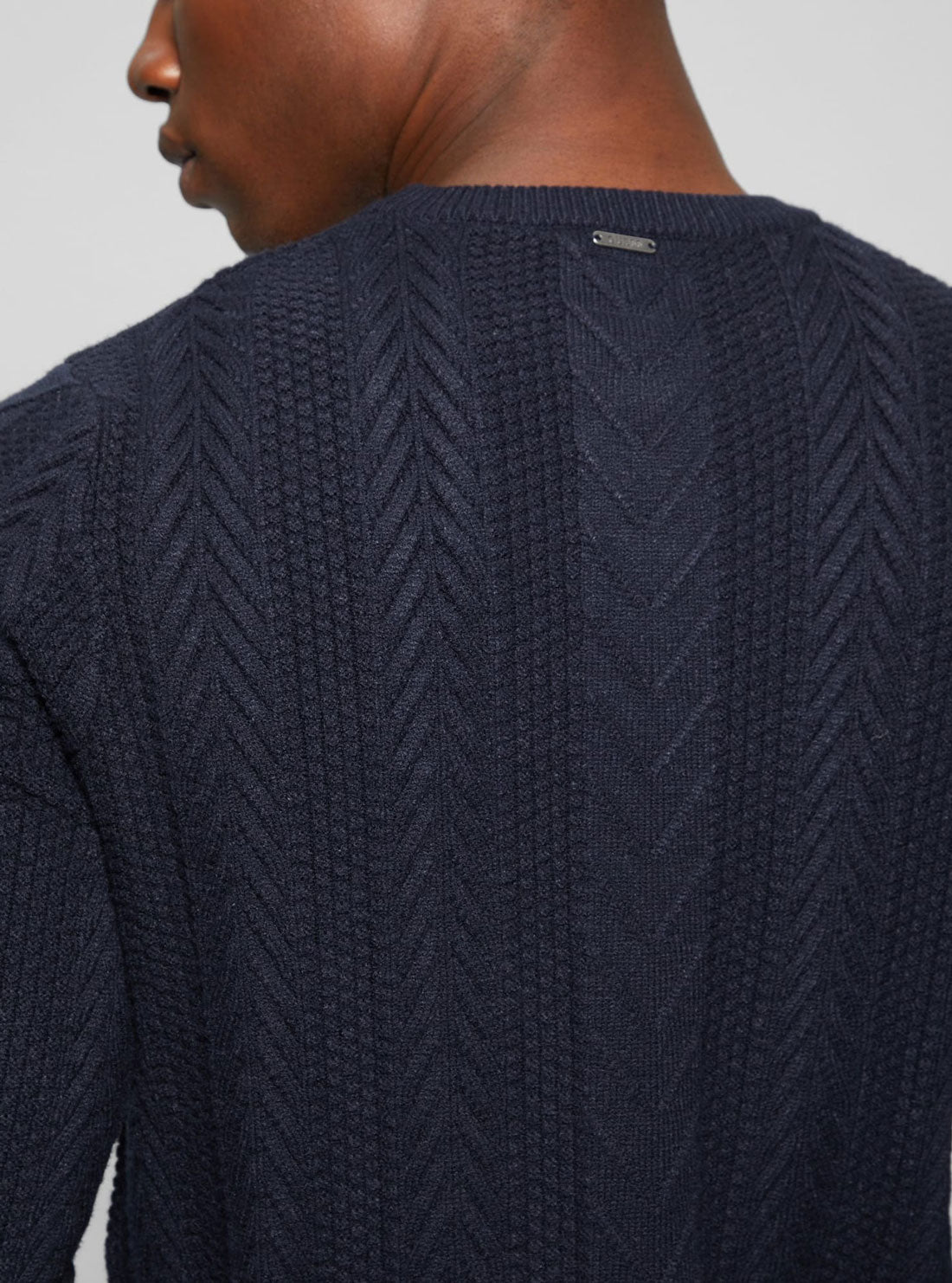 Navy Blue Cable Ethan Knit Top | GUESS men's apparel | back detail view