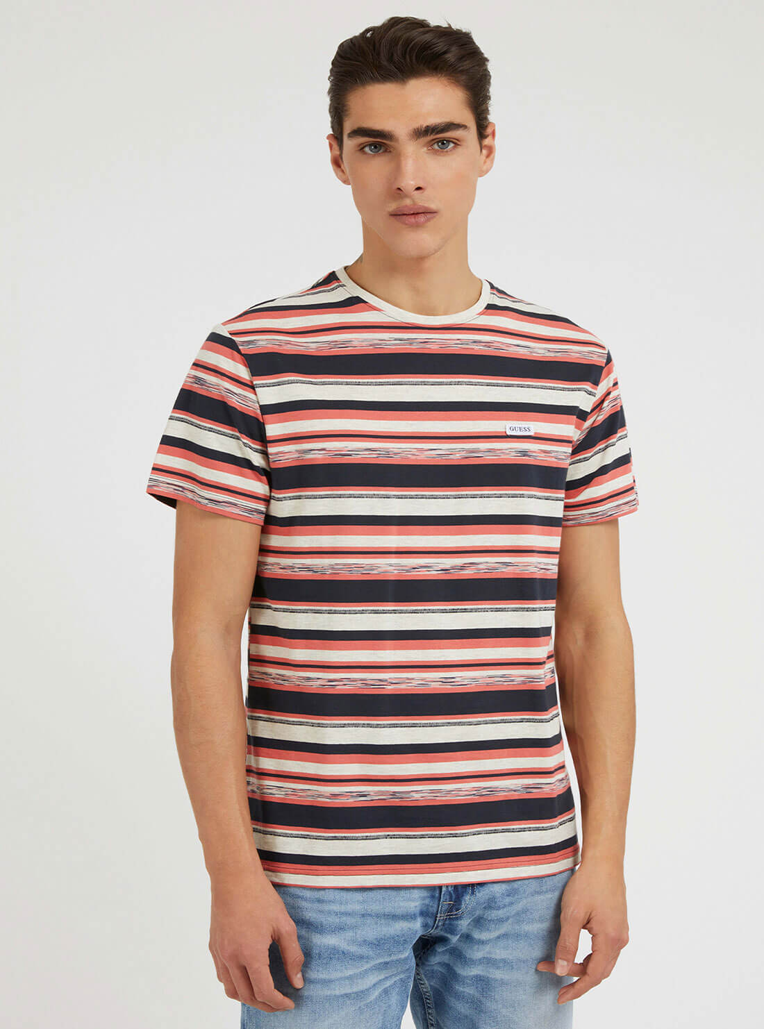 Pink Space Dye Striped Logo T-Shirt | GUESS men's apparel | front view