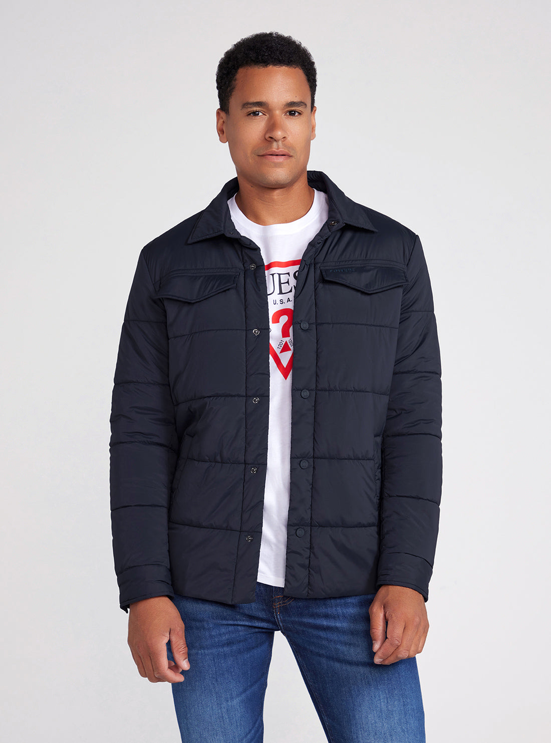 Eco Navy Blue Quilted Shacket | GUESS Men's Apparel | front view