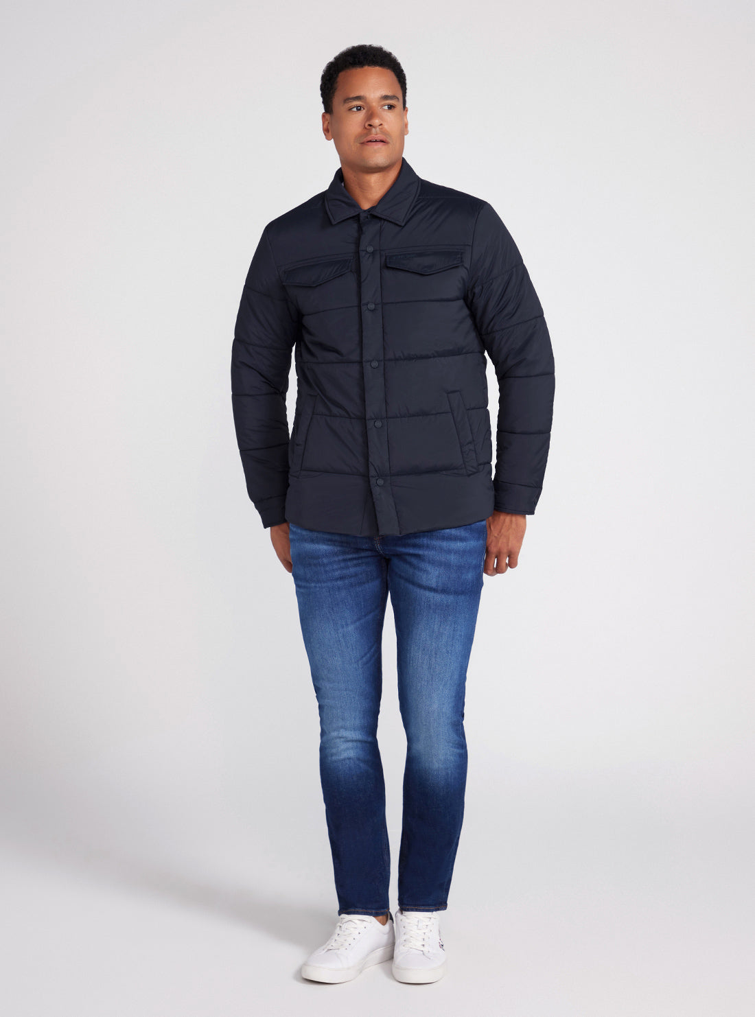 Eco Navy Blue Quilted Shacket | GUESS Men's Apparel | full view