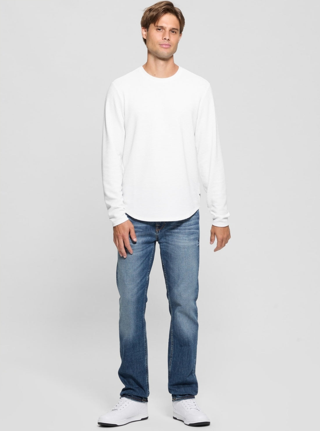 GUESS Mens White Linear Textured Jersey Long Sleeve T-Shirt M3RP31R96F0 Full View