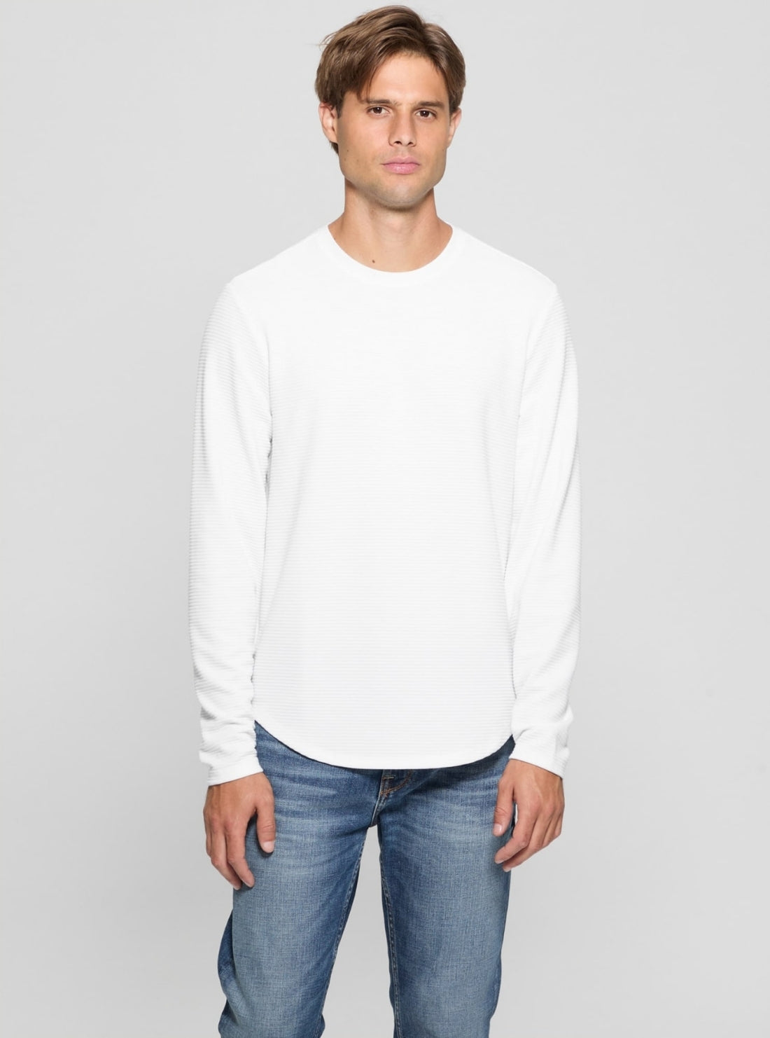 GUESS Mens White Linear Textured Jersey Long Sleeve T-Shirt M3RP31R96F0 Front View